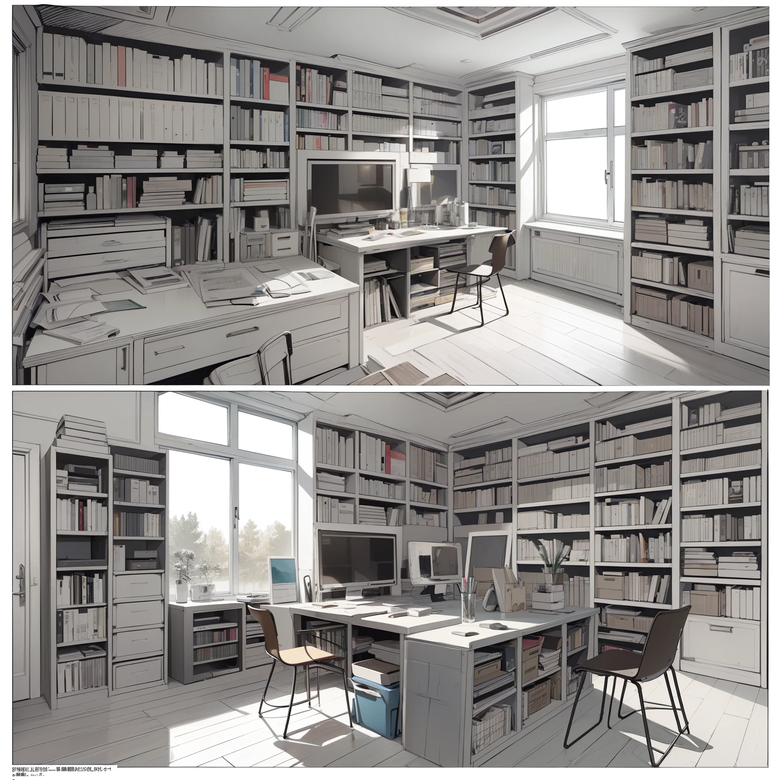 masterpiece、top-quality、High-quality images、8K、 ((unmanned、Background with、Accurate perspective、line-drawing、Contour extraction、monochromes、Moderate shading、Medium omission、Comic style、)):1.4 ((elementary student、a room、2.7 m ×3.6 m、study、a desk、Chair、sash、window、bookshelf、Boken、magazine、Research Equipment、unmanned))1.5