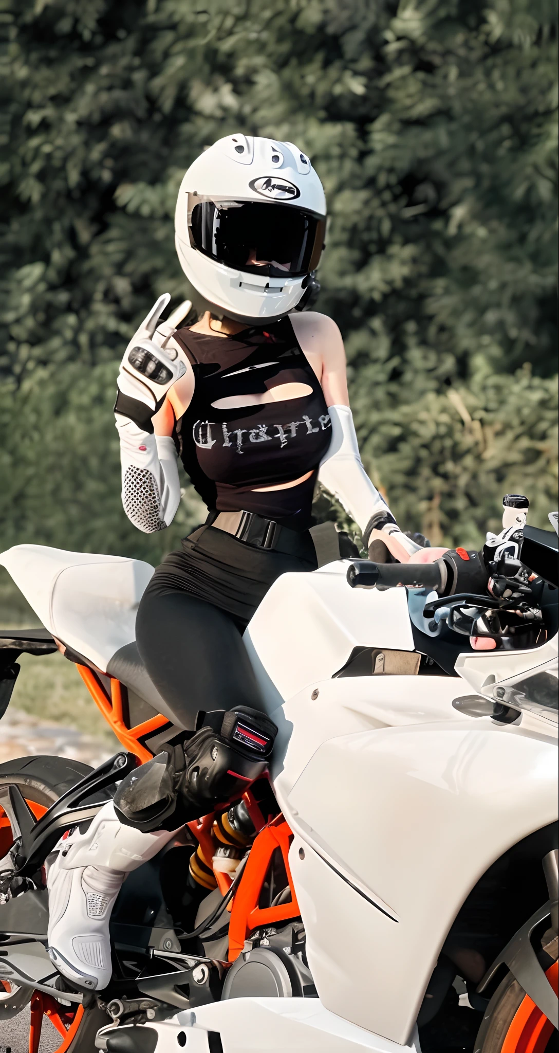 Woman in black and white sitting on motorcycle, wearing techwear and armor, sitting on cyberpunk motorbike, picture of a female biker, motorbiker, amouranth, photograph of a techwear woman, motorcycle, chrome outfit, biker, wearing space techwear, riding a futuristic motorcycle, futuristic tech wear, cyberpunk style outfit, sitting on the motorcycle