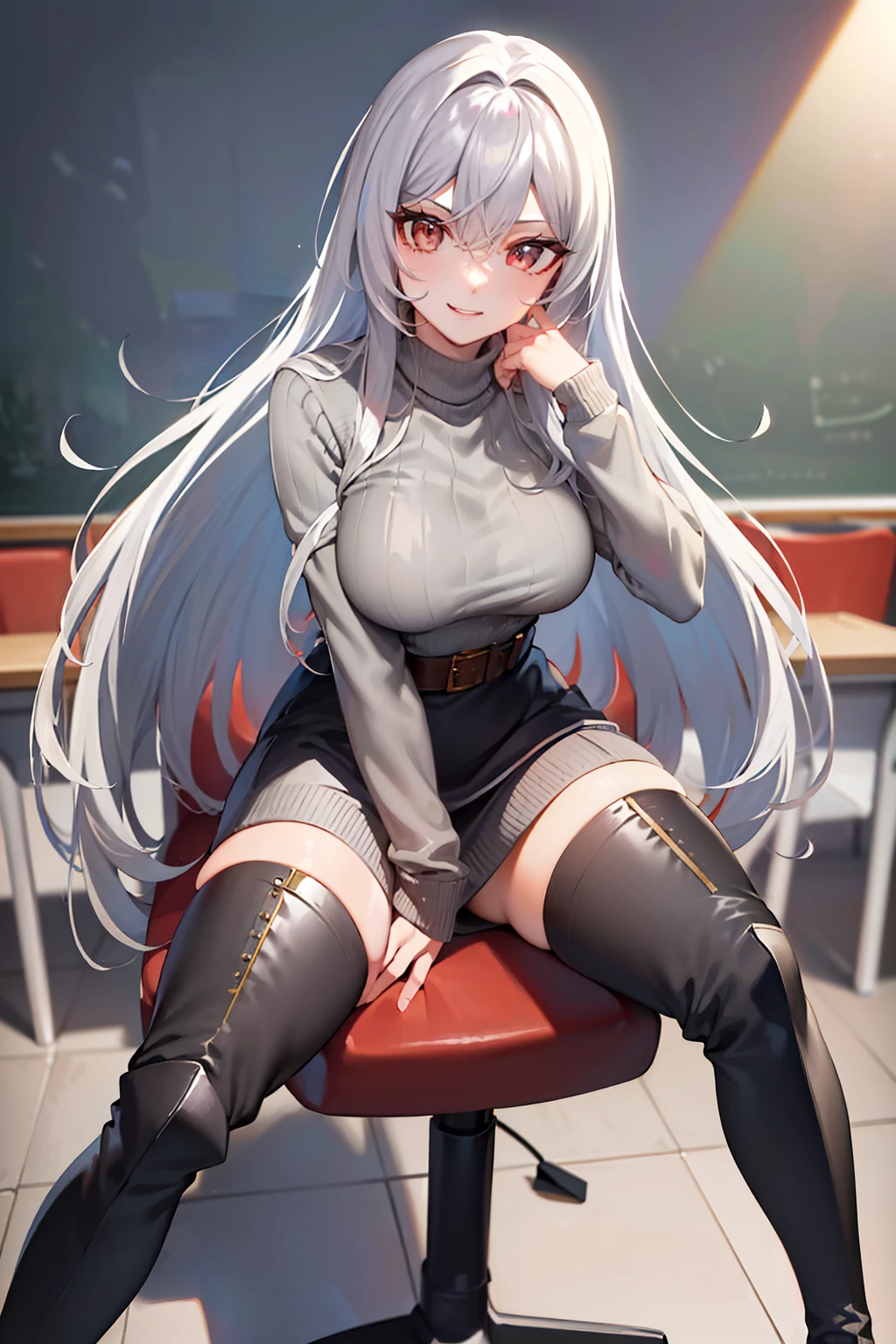 (tmasterpiece，high high quality，light grey sweater，stare，thigh boots，whaite hair，ssmile，sit on chair，Absolute realm，‎Classroom，spread their legs，low head，Leg details，Foot details，detail in face)