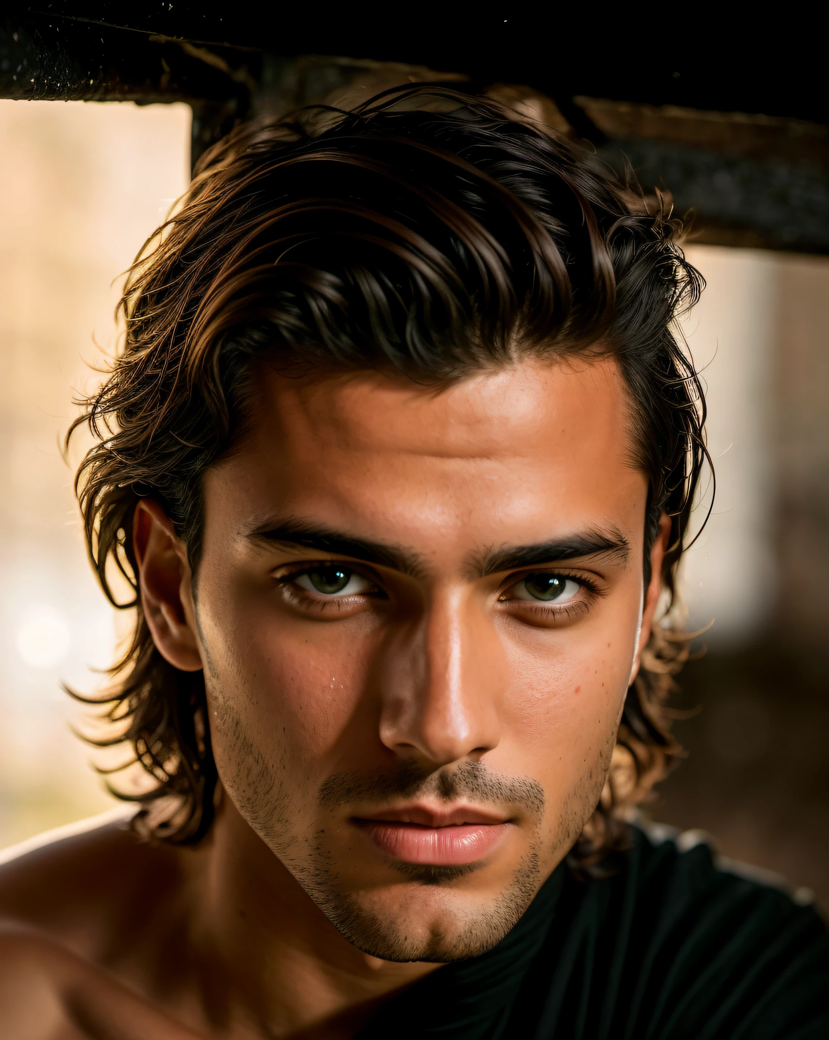 handsome young middle eastern man looking down, naked torso, full length portrait, low camera angle, bottom view, bottom view, hands on either side of the photographer, deep shadows, darkness (transparency) (moonlight: 1.3), award-winning POV , intricate, detailed, stunning, fine details, highly detailed face, sensual, evocative, extremely detailed eyes and face, piercing gaze, tousled hair, muscular body, perfect center, nikon d850 film, lens, porter 400 1.6, rich colors , ultra-realistic texture, spectacular, bright, popular in station art: zinc up to 800 (facial transparency: 1.5), anatomical masterpiece, window light, hair texture, wet hair (wet hair), hanging), model style ( highly detailed CG wallpaper Unity 8k), popular on ArtStation, popular on CGSociety, Intricate, High Detail, Sharp focus, dramatic, photorealistic painting by Midjourney