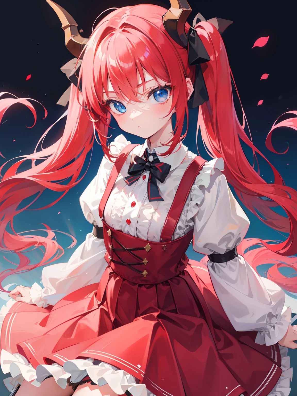 {{best quality}}, {{masterpiece}}, {{ultra-detailed}}, {illustration}, {detailed light}, red hair,blue eyes,twintails,lolita,Suspenders skirt,Fantastic,loli,solo,Dragon horns,little girl,long hair