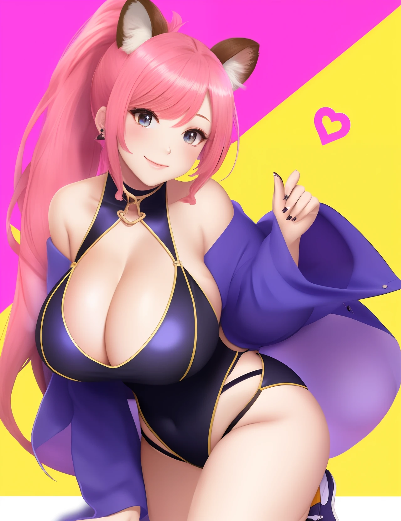 A pink cute girl with a ponytail,Lori huge breasts cleavage,Height 1.7m,quadratic element,beast ear