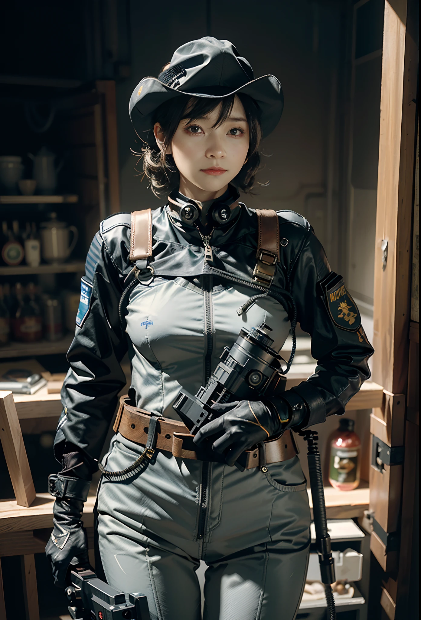 Highest image quality, outstanding details, ultra-high resolution, (realism: 1.4), ((face shot:0.5)), the best illustration, favor details, highly condensed 1girl, with a delicate and beautiful face, ((cowboy shot)), (wearing racing suit likes police uniform, black and gray mecha, wearing a night-vision goggle, military harness, holding a machinegun or bring a machinegun, "SST"), peoples confusing, fires, smokes,