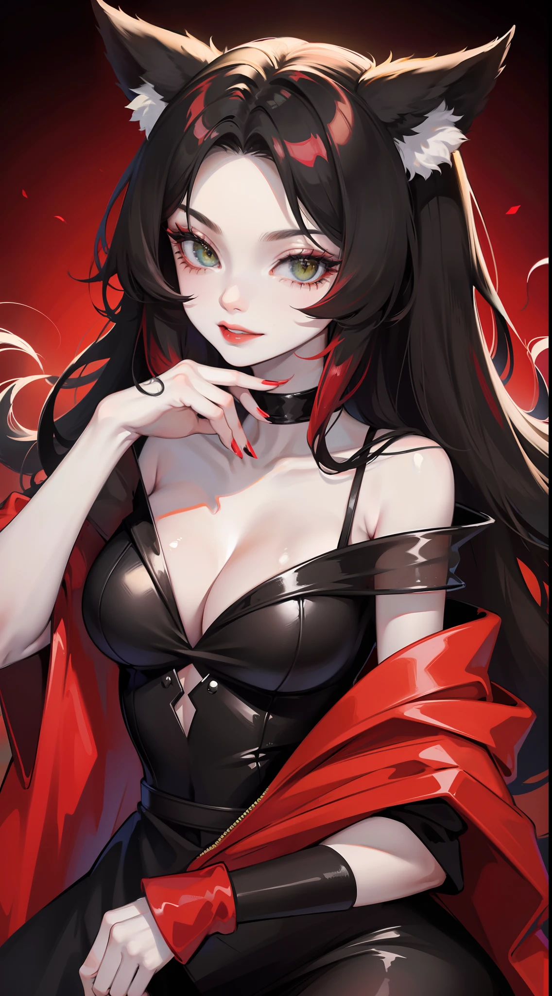 Adult woman, pale skin, Long black hair, Fox ears, Green eyes, red eyeshadow, red lipstick, Black Magic Dress, open breasts, smirk, Masterpiece, hiquality