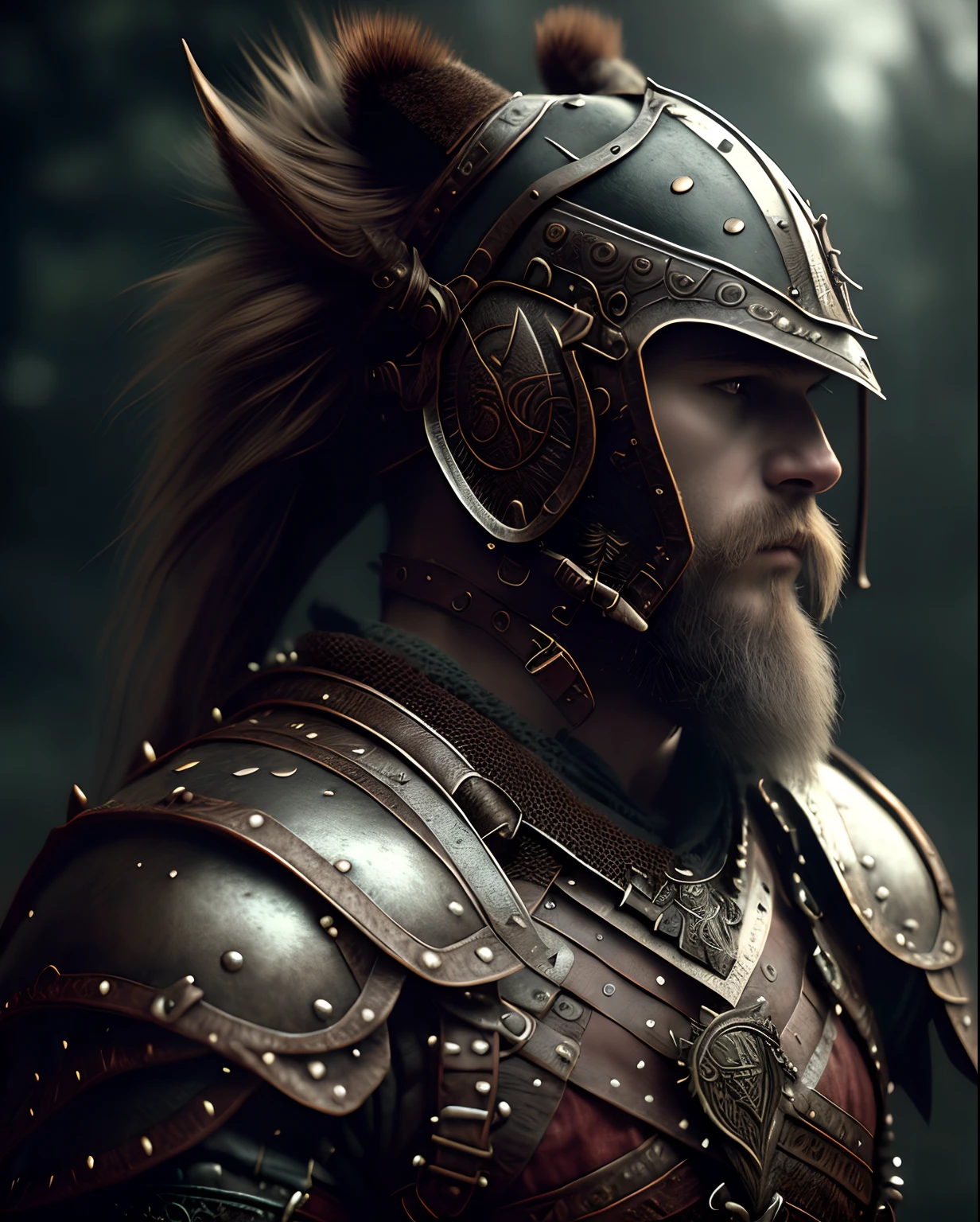 Viking warrior, hyper detailed and ornate leather armor, horse-mounted with hyper detailed dark fur, in artstation forest art, hazy background, realistic epic, rutkowski, hdr, intricate details, hyperdetailed, cinematic, rim light, muted colors: 1.2, dark fantasy, dark and reddish sky, with dark mountains in the background, dark and dangerous atmosphere