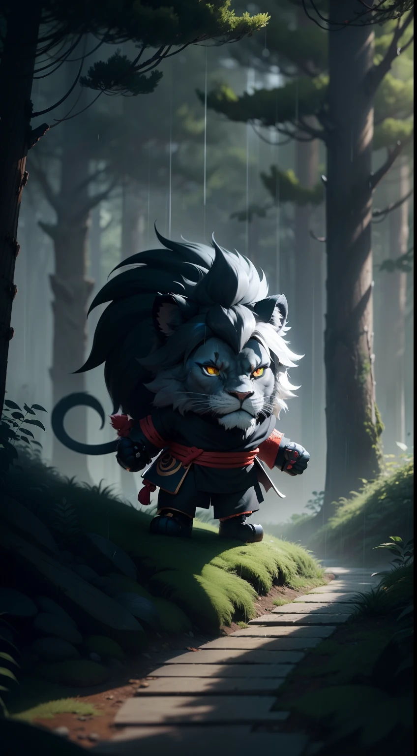 Create a vibrant dark fantasy cute ninja LION in a clean-lined minimalistic cartoon style, in the background a beautiful forest, rain, octane render, 8k