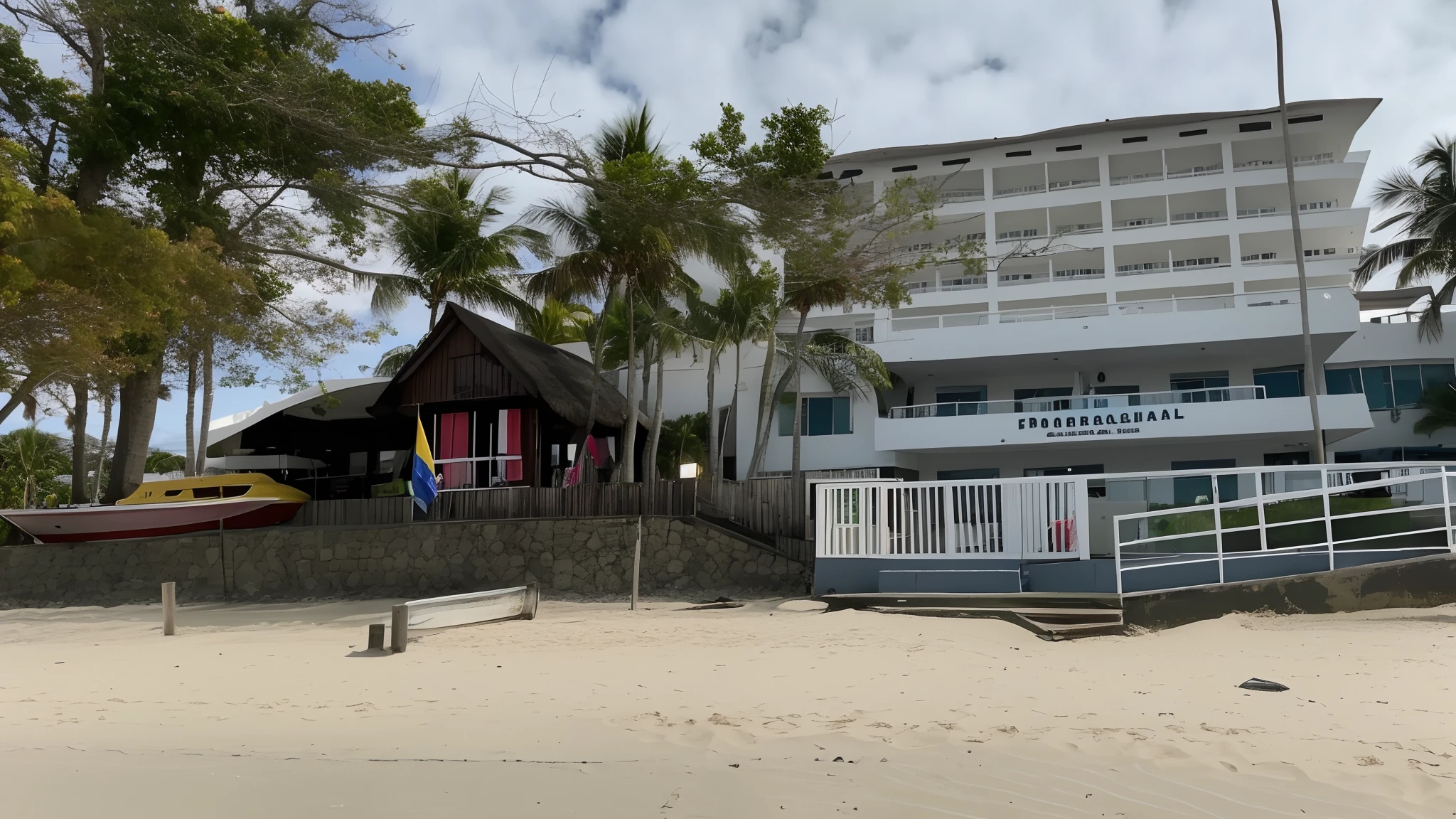 There is a boat that is sitting on the beach near a building, in a beachfront environment, 4 0 9 6, vista do oceano, Frente, Junto ao mar, Tiro em GoPro9, vista frontal, hotel, Beachfront, 😭 🤮 💕 🎀, wide frontal view, restaurante em segundo plano, television show, um tiro do meio da frente