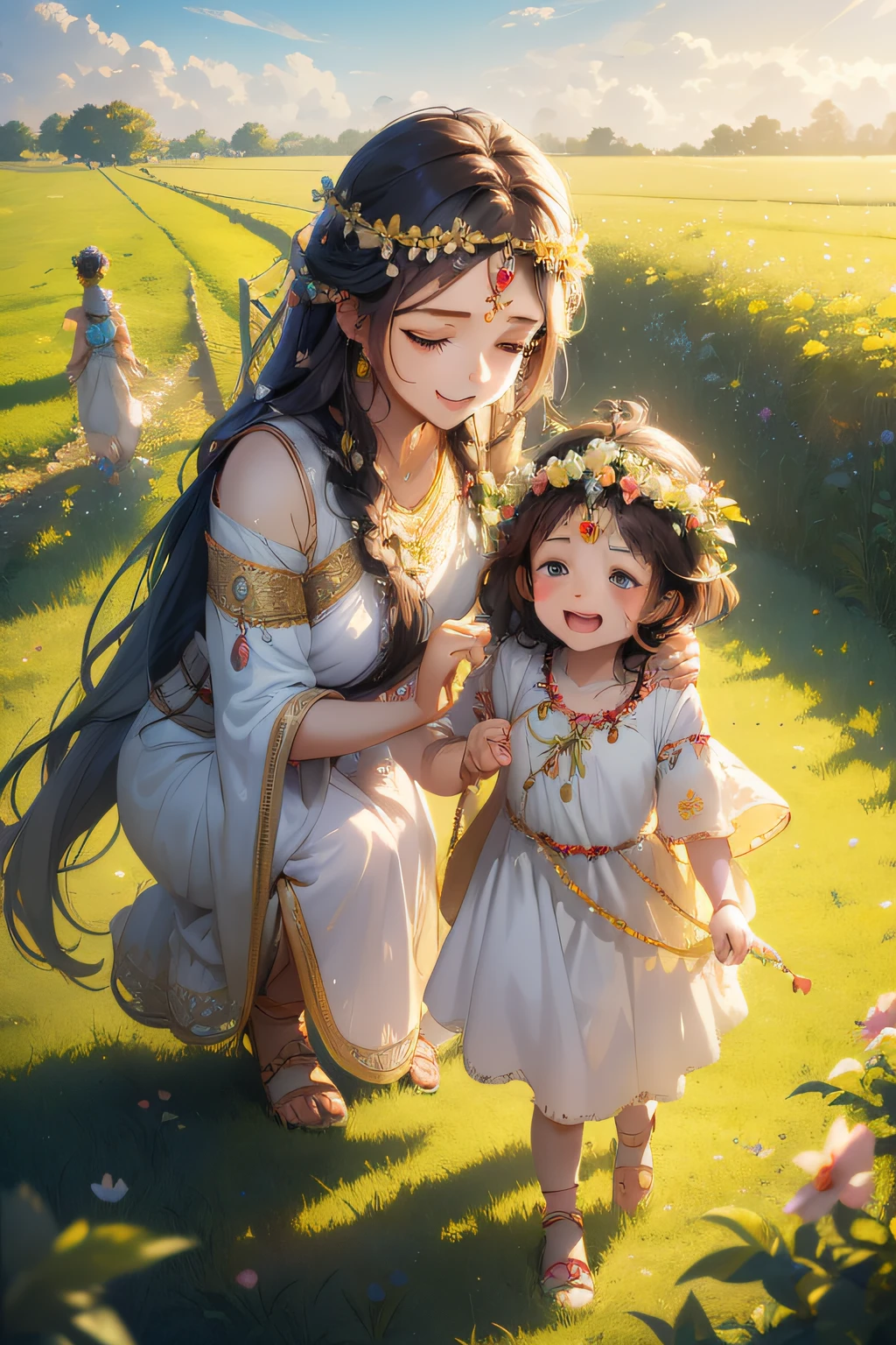 The child wears a garland on his head,Run in the fields,The mother wears a garland on her head,Laugh at the kids