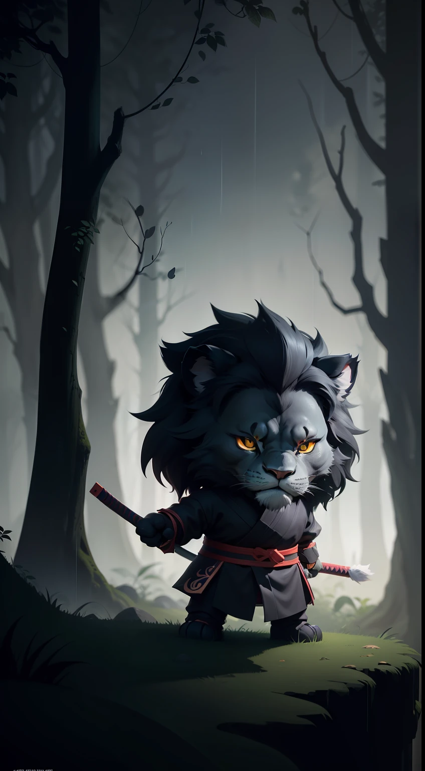 Create a vibrant dark fantasy cute ninja LION in a clean-lined minimalistic cartoon style, in the background a beautiful forest, rain, octane render, 8k