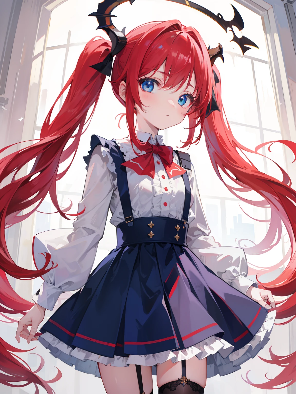 {{best quality}}, {{masterpiece}}, {{ultra-detailed}}, {illustration}, {detailed light}, red hair,blue eyes,twintails,lolita,Suspenders skirt,Fantastic,loli,solo,Dragon horns,little girl,long hair