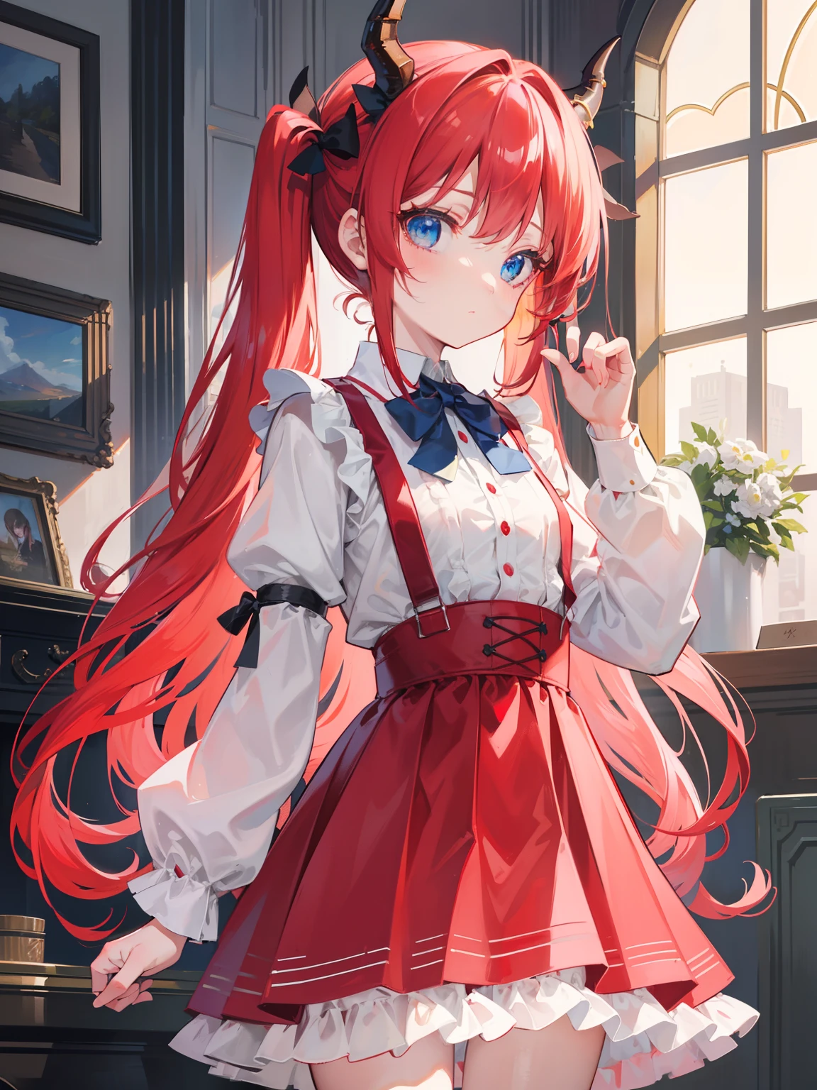 {{best quality}}, {{masterpiece}}, {{ultra-detailed}}, {illustration}, {detailed light}, red hair,blue eyes,twintails,lolita,Suspenders skirt,Fantastic,loli,solo,Dragon horns,little girl,long hair