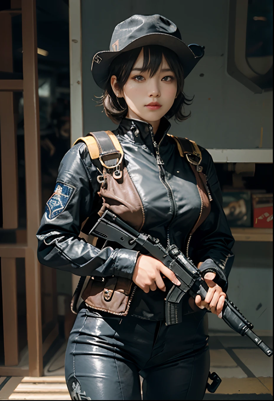 Highest image quality, outstanding details, ultra-high resolution, (realism: 1.4), ((face shot:0.5)), the best illustration, favor details, highly condensed 1girl, with a delicate and beautiful face, ((cowboy shot)), (wearing racing suit likes police uniform, black and gray mecha, wearing a night-vision goggle, military harness, holding a machinegun or bring a machinegun, "SST"), peoples confusing, fires, smokes,