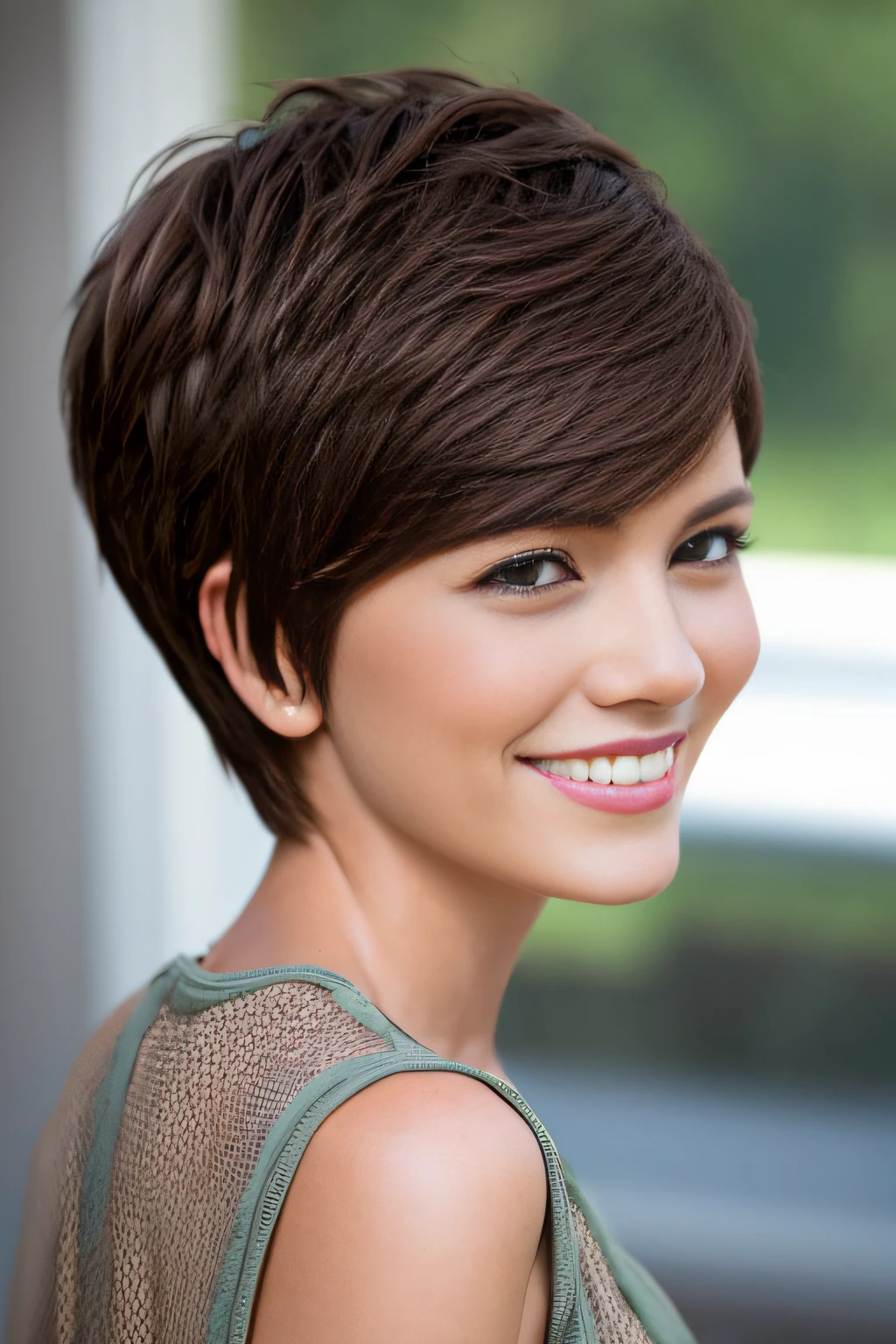 a pixie cut a smile Brown hair