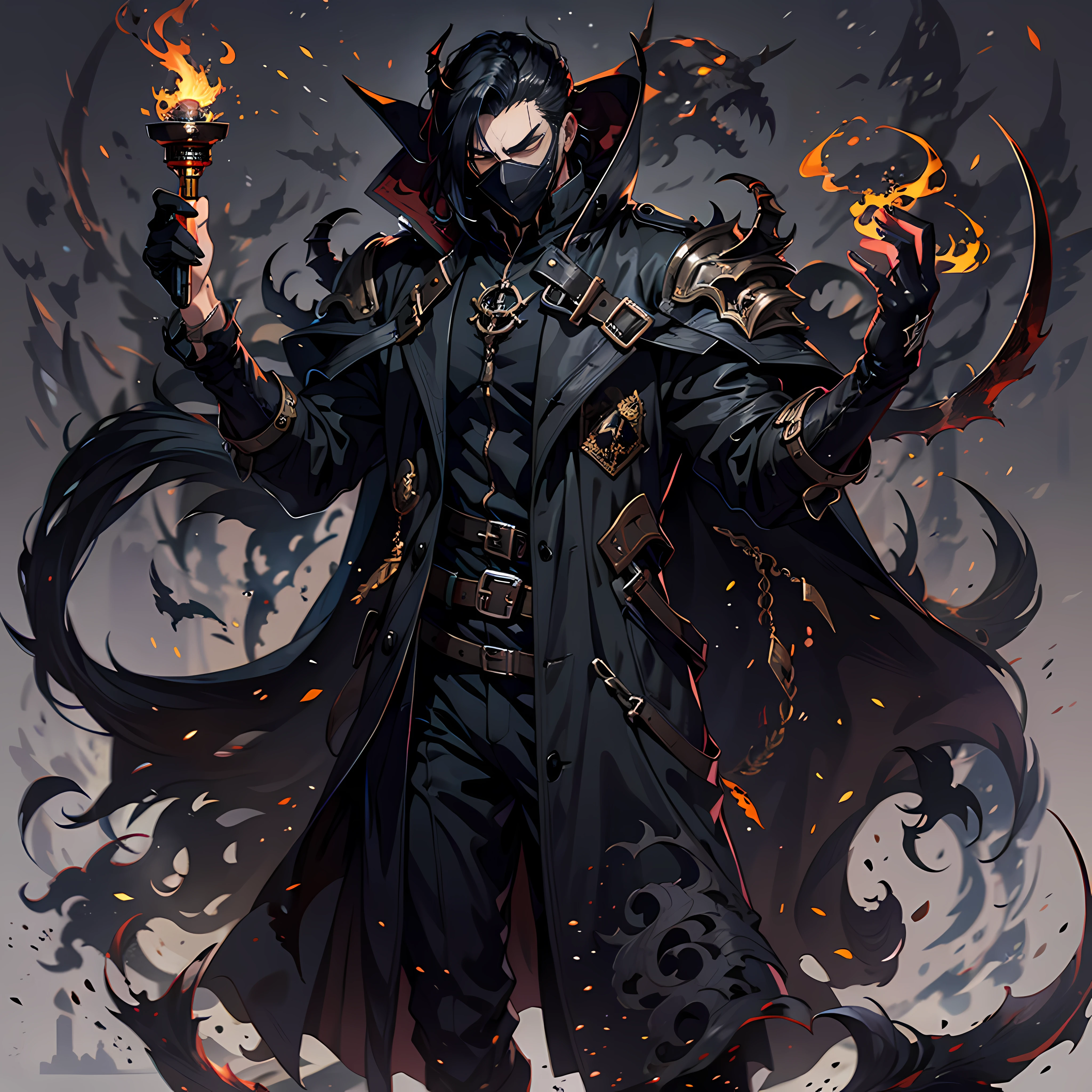 The Demon Hunter is a young man with black hair and a beard,Wears a large black trench coat with a black pattern。The demon hunters pulled the corks one by one,Smelled the liquid in the tube,And carefully pull out the two test tubes,Poured out a little and tried it。When you feel that slight warmth rise from your body,The Demon Hunter's face that had been tense finally soothed a little。Dark theme, optic, fanciful。