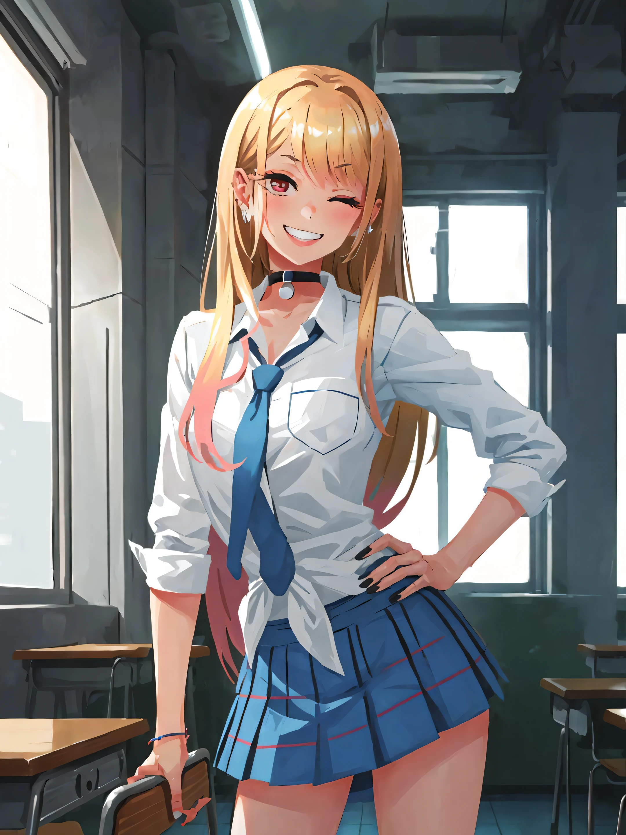 doyora, SLE, mksks style, detailed background solo, 1girl, kitagawa marin, kitasch, standing, hand on hip, (one eye closed), (v over eye), smile, grin, teeth, looking at viewer, cowboy shot, school, classroom, sunlight, indoors,  ((masterpiece))