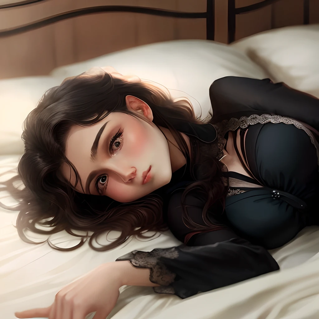 Beautiful woman in black silk lying on bed