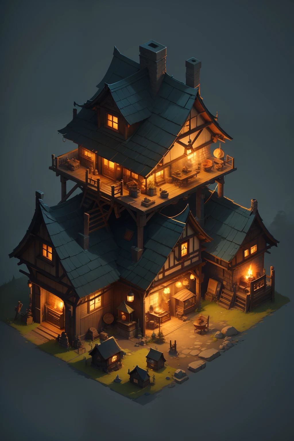 A close-up of a small house with a chimney and a fire, Stylized game art, a multidimensional cozy tavern, Stylized concept art, 3 d render stylized, stylized 3d render, Detailed game art, painted as a game concept art, andreas rocha style, game assets, rpg game environment asset, medieval village, isometric 2 d game art