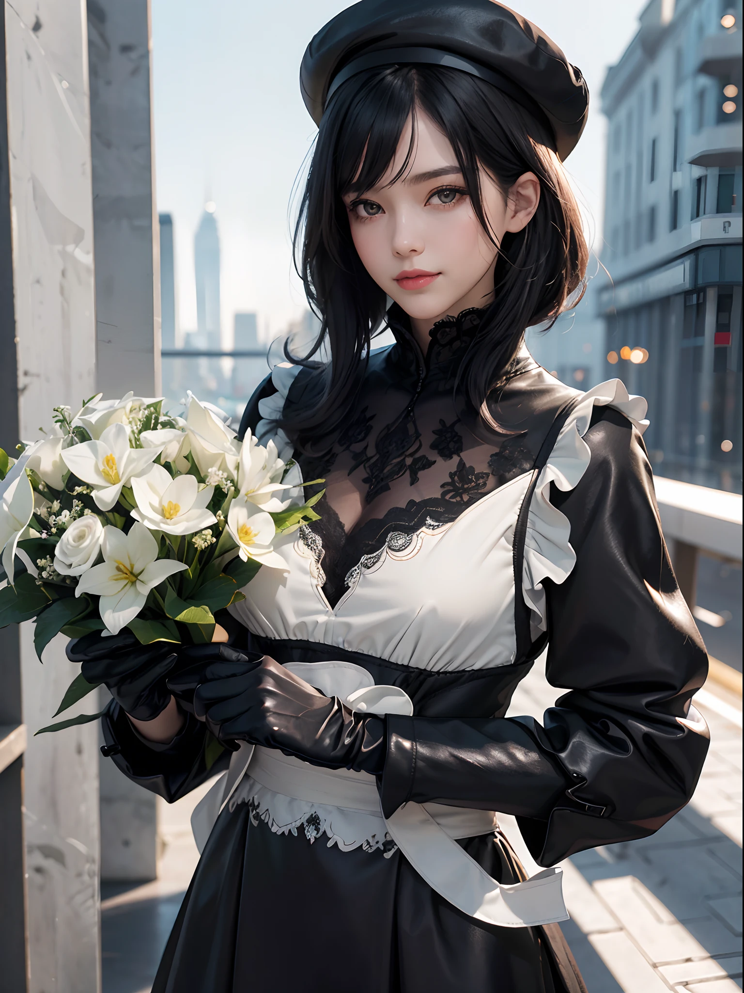 Unbeatable masterpiece, Ultra photo realsisim, Perfect artwork, Intricate details, Best quality, Strong light,High contrast, (Upper body) , Close up , 1girll , Black hair ,Short hair , Full bangs , (hair on one eye)Golden eyes , Cold expression , (Closed black trench coat jacket waist:1.25) , (Black lace lining) , (black long dress:1.2) , (A small black hat worn sideways) , (long black gloves:1.15) , (Holding a large bouquet of white flowers in his arms:1.1) , Smiling , [ferry:1], (chies:1.25) , bichu , Repressionism