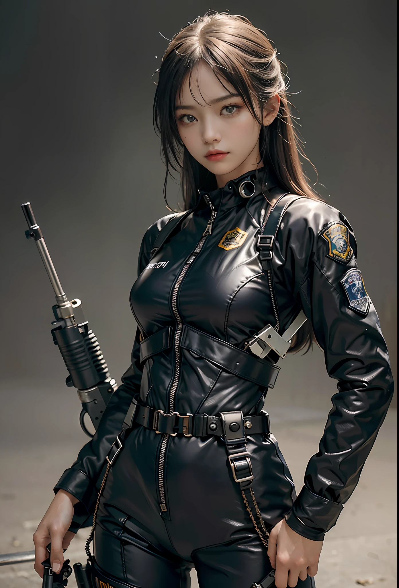 Highest image quality, outstanding details, ultra-high resolution, (realism: 1.4), the best illustration, favor details, highly condensed 1girl, with a delicate and beautiful face, ((cowboy shot)), (wearing black nylon racing suit likes police uniform, black and gray mecha, wearing a night-vision goggle, military harness, holding a machinegun or bring a machinegun, "SST"), simple background gey