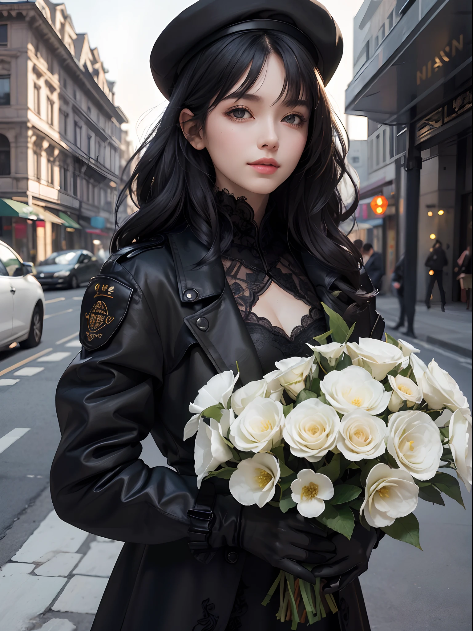 Unbeatable masterpiece, Ultra photo realsisim, Perfect artwork, Intricate details, Best quality, Strong light,High contrast, (Upper body) , Close up , 1girll , Black hair ,Short hair , Full bangs , (hair on one eye)Golden eyes , Cold expression , (Closed black trench coat jacket waist:1.25) , (Black lace lining) , (black long dress:1.2) , (A small black hat worn sideways) , (long black gloves:1.15) , (Holding a large bouquet of white flowers in his arms:1.1) , Smiling , [ferry:1], (chies:1.25) , bichu , Repressionism