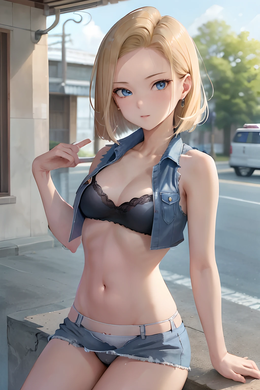 top-quality, hight resolution, 18 with, 1girl in, Android 18,Pose showing off white 、 独奏, blonde  hair, blue eyess, shorth hair, 耳环, jewely, Denim Vest, open vest,, Black shirt, Denim Mini Skirt,Sleeveless、Beautiful facial features、Beautiful belly button、tiful thigh、 a blue skirt, medium breasts⁩, cshot, Street, off shoulders, Strapless,