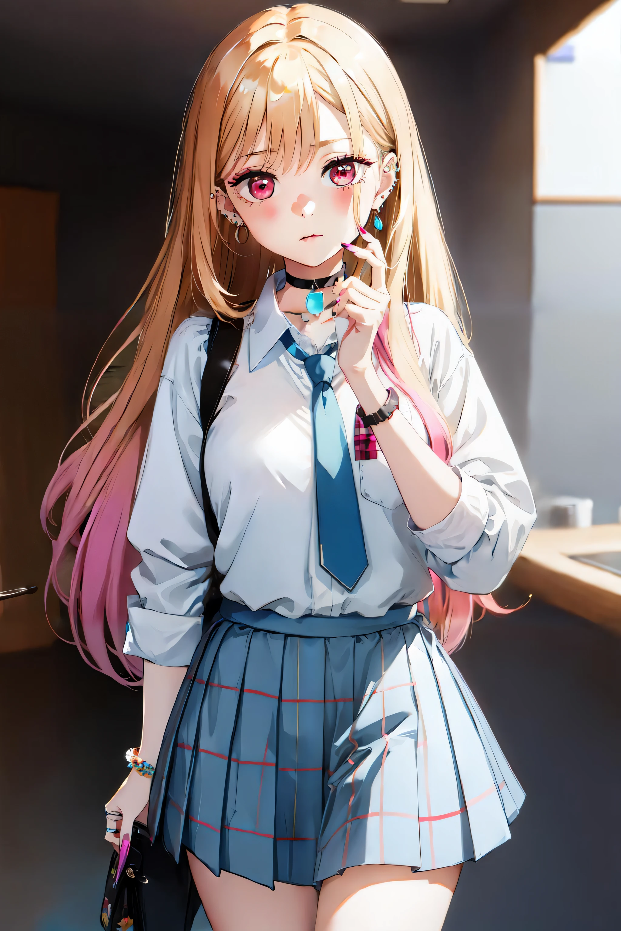 1girl,  Marin Kitagawa, long hair, blonde hair, red eyes, piercing, earrings, ear piercing, stud earrings, black choker, loose necktie,  school uniform, white collared shirt, blue skirt, pleated skirt, plaid skirt, wrist scrunchie, long fingernails, pink nails, nail art,  (masterpiece:1.2), highres, best quality, 8k, very clear,