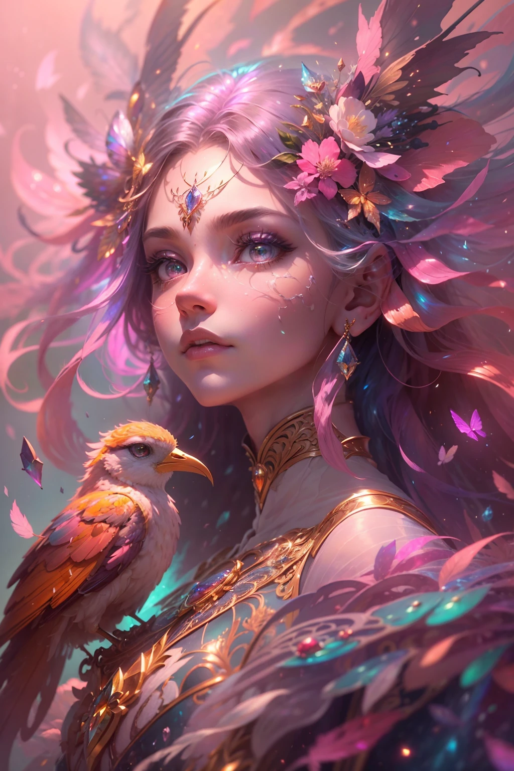 (((masterpiece))), (((best quality))), ((ultra-detailed)),(highly detailed CG illustration), ((an extremely delicate and beautiful)),cinematic light, Create a stunning fantasy artwork that mimics the style of currently trending masters of the genre. The art piece should contain elements of both mythic fantasy and fairytale fantasy with colorful accents. ((Utilize various shades of pink and watercolor pastels as the main color scheme.)) The character in the artwork is a delicate but strong petite figure with an aura of mystery and magic. Pay close attention to intricate facial features, such as mesmerizing eyes with vibrant colors and bold shading. The character's clothing should be designed with gossamer feathers, silk, stunning embroidery, and subtle iridescent details. Incorporate dreamy colors, dynamic lighting, and detailed background elements to create a sense of awe and immersion. Include colorful flying magical birds and jewel-toned butterflies radiating a magical aura. Consider the latest trends in fantasy art, such as incorporating unique lighting effects, exploring dynamic and compelling composition techniques, and experimenting with unique color palettes. Take inspiration from the top artists on ArtStation and Midjourney. Camera: Choose an angle that highlights the character's beauty and enhances the magical majesty of the artwork. Lighting: Utilize atmospheric lighting techniques to create depth and mood. Resolution: Aim for a high-resolution artwork to showcase intricate details and clarity. Art Inspirations: Seek inspiration from the trending artists on ArtStation, exploring different styles, genres, and themes.