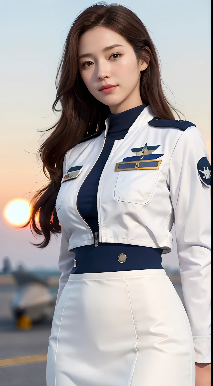 (Best quality, 8k, 32k, Masterpiece, UHD:1.2), (realistic:1.5), (masterpiece, Extremely detailed CG unity 8k wallpaper, best quality, highres:1.2), (ultra detailed, UHD:1.2), Photo of extremely cute and beautiful Japanese woman, (chestnut long wavy hair:1.2), adult, (detailed beautiful girl:1.4), best quality, woman, adult, (detailed US air-force pilot uniform:1.5), (white pilot captain jacket:1.3), (white high-waist pencil skirt:1.3), detailed clothes, (Beautiful sunset US air force base runway view background:1.3), embarrassed laughing:1, light smile, looking at viewer, facing the viewer, ((perfect female body)), (narrow waist:1.2), (upper body image:1.3), slender, abs, (large breasted:1.25), ((frame the head)), wind, dynamic pose, cinematic light, back light, perfect anatomy, perfect proportion, detailed human body, bokeh, depth of field,