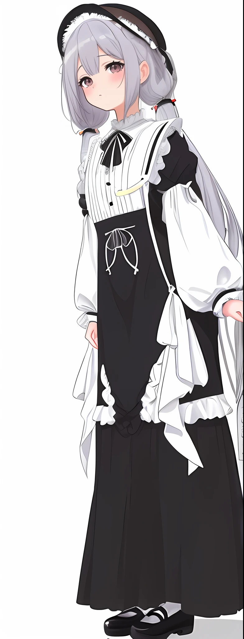 um desenho de uma mulher em um vestido com cabelo longo, twintails branco_Luvas, anime full body illustration, sombreamento fresco, lineart preto espesso, linearidade espessa, sombreamento pesado, corpo perfeitamente sombreado, single character full body, Menina anime com cabelo longo, sombreamento simples, full length illustration, detailed manga style, small curvy loli, detalhes do corpo inteiro