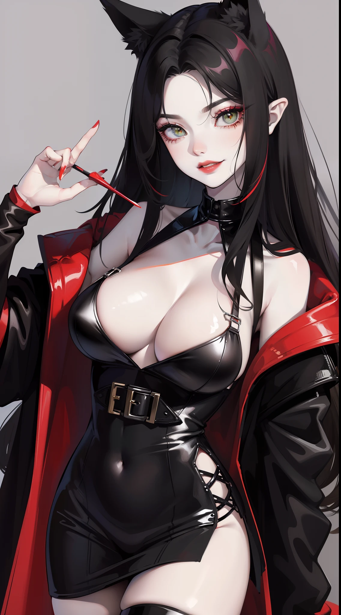 Adult woman, pale skin, Long black hair, Fox ears, Green eyes, red eyeshadow, red lipstick, Black Magic Dress, open breasts, smirk, Masterpiece, hiquality