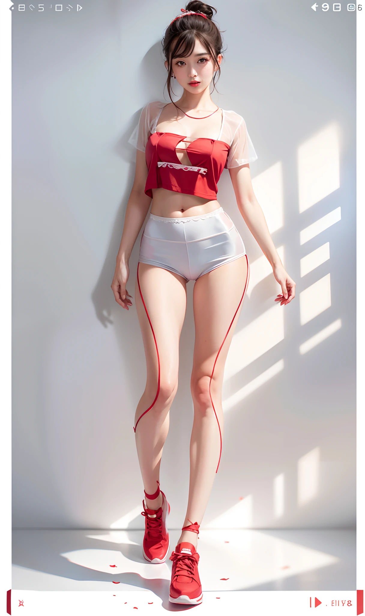 tmasterpiece，Best quality，Portrait of 1girl，((best qualtiy)), ((tmasterpiece)), (the detail:1.4), 3D, hdr（HighDynamicRange）,Ray traching,NVIDIA RTX,Hyper-Resolution,Unreal 5,Subsurface scattering、PBR Texture、post-proces、Anisotropy Filtering、depth of fields、maximum definition and sharpness、Many-Layer Textures、Albedo e mapas Speculares、Surface coloring、perfectly proportions、rendering by octane、Two-colored light、largeaperture、Low ISO、White balance、the rule of thirds、8K raw data、Raised translucent top, Smaller top, Smaller white lace shorts, Raised, Mature feminization, Flattering eyes, Bright red lace translucent top，Flat naked abdomen, Snow-white thighs, White lace stockings, Bare arms, Mature charm deep V open neck, Long red and blue shiny hair, White lace translucent shorts perfect figure 9-head beauty body contains thunderbolt