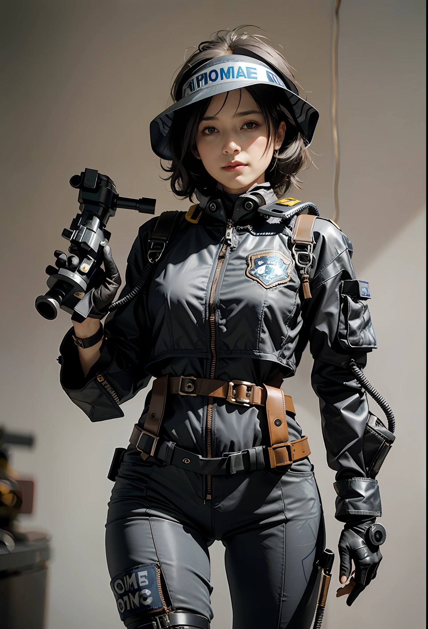 Highest image quality, outstanding details, ultra-high resolution, (realism: 1.4), the best illustration, favor details, highly condensed 1girl, with a delicate and beautiful face, ((cowboy shot)), (wearing racing suit likes police uniform, black and gray mecha, wearing a visor, military harness, holding a machinegun or bring a machinegun, "SST"), background simple grey wall,