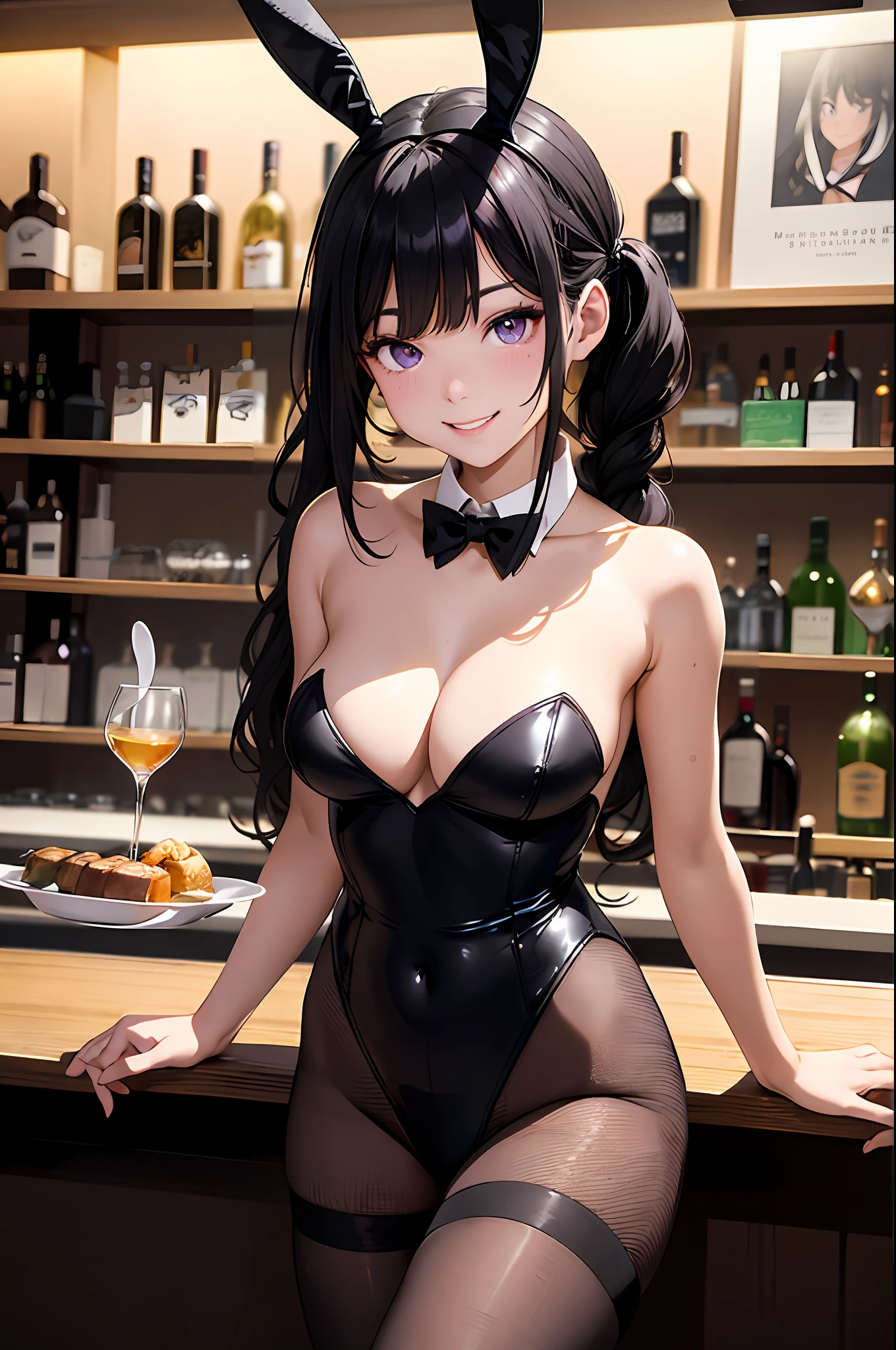 (top-quality、in 8K、32K、masterpiece、nffsw、ighly detailed、Impresionismo、Photorealsitic:1.2)、Full body, (a bar counter、shop front:1.4)、deep-shadows、beauitful face、blurry backround、20-year-old beauty、shinny skin, Beautiful wavy black hair、 poneyTail、Purple eyes、beauitful face、blurry backround、Playboy Bunny Girl、High-cut leotards、a bow tie、White cuffs、Pantyhose with mesh、Black rabbit ears、A smile、Have a tray of liquor、sit on the table、A mischievous open-mouthed smile、Curve、