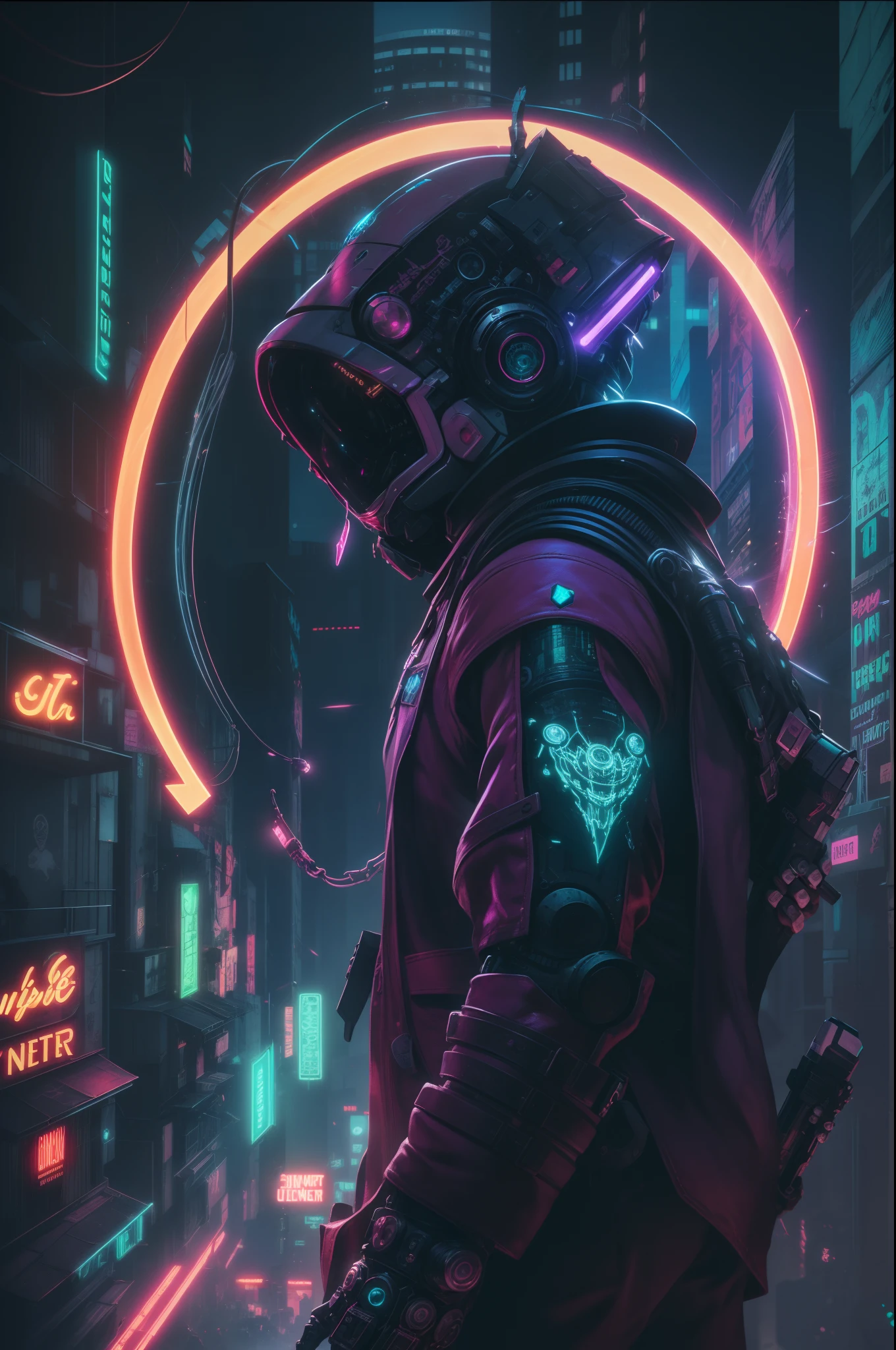 ' Prompt 1
"Artistic Image Types: {In the heart of a neon-drenched cyber city, Cypher strides with an air of confidence. His cybernetic limbs gleam with polished steel, adorned with pulsating LED lights that follow the rhythm of his movements. His eyes, a vibrant mix of electric blue and deep purple, project a sense of both technological prowess and human depth}, Cypher the Neon Technomancer, Cyberpunk Cityscape, (Neon lighting:1.3), (Digital Painting:1.25), (4K:1.2). Environment: A cybernetic city with holographic billboards and towering architecture."