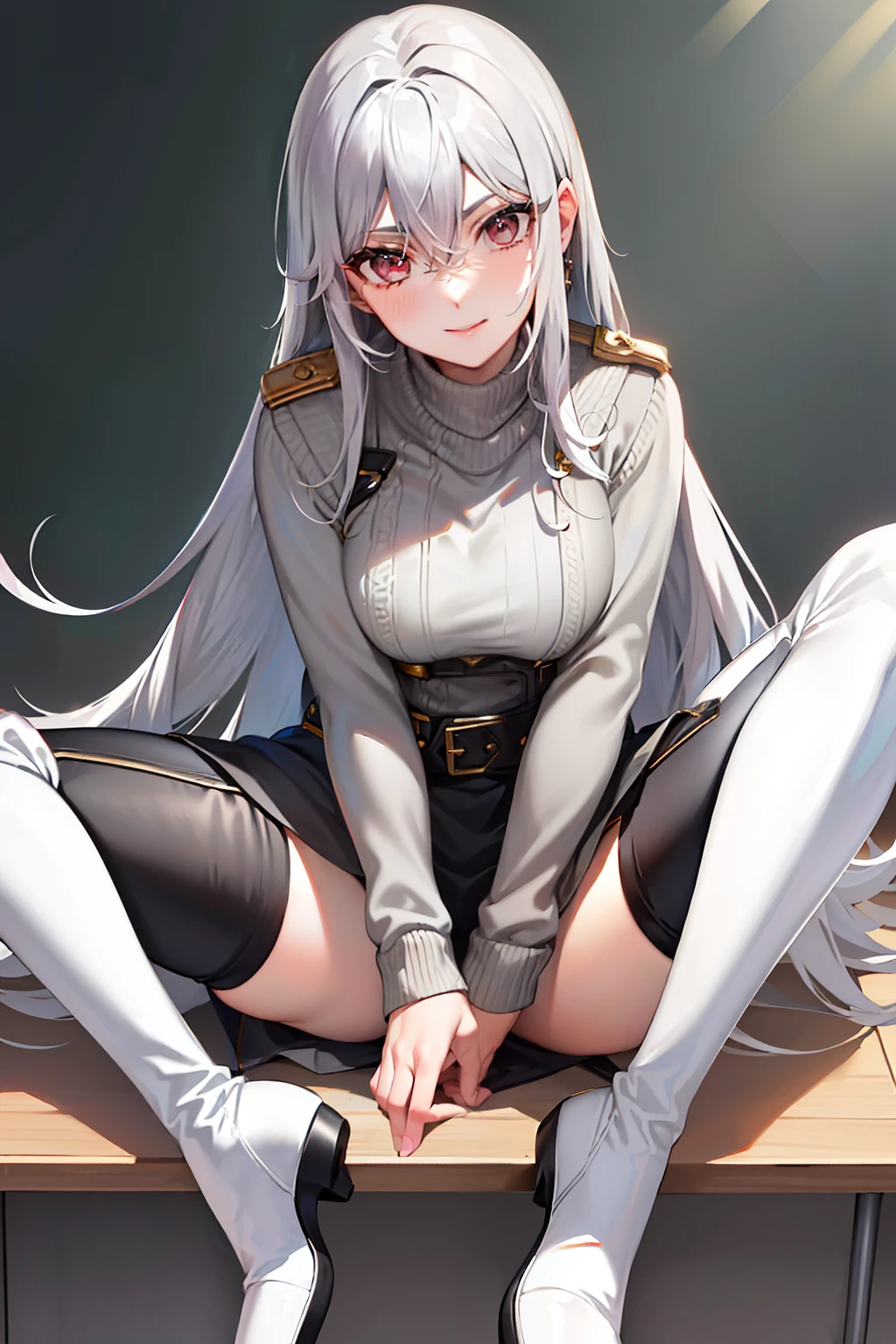 (tmasterpiece,high high quality,light grey sweater,stare,thigh boots,whaite hair,ssmile,sit on chair,Absolute realm,Classroom,spread their legs,low head,Leg details,Foot details,detail in face,Knee detail)