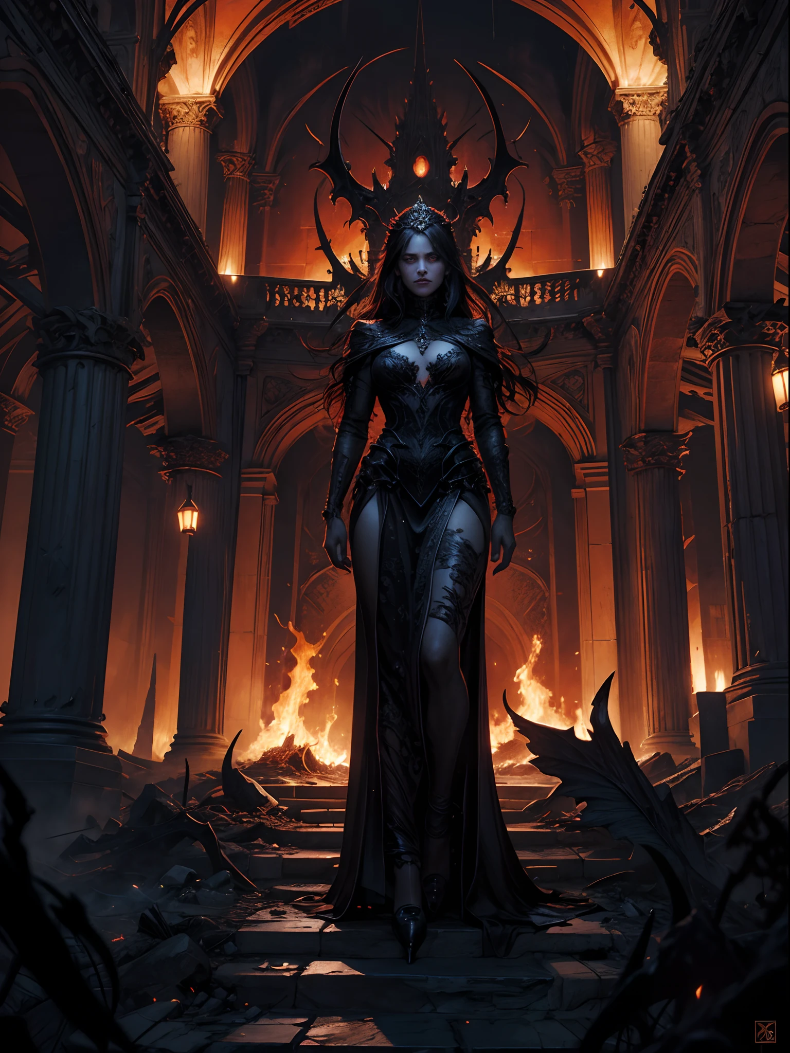 The Castle of Asmodeos stood tall and foreboding atop a jagged mountain peak, its imposing silhouette dominating the hellish landscape that surrounded it. The castle was constructed entirely of obsidian-black bricks, each one as dark as the deepest abyss and reflecting an otherworldly sheen in the dim, fiery light that permeated the realm. The bricks were masterfully hewn and meticulously arranged, forming formidable walls that seemed to have risen from the very bowels of the earth. Massive iron gates, adorned with intricate, twisted designs depicting scenes of suffering and temptation, guarded the entrance. The gates stood partially ajar, revealing a glimpse of the inner courtyard beyond.
The courtyard itself was a twisted fusion of beauty and malevolence. Dark, twisted trees with gnarled branches reached skyward, their leaves a deep shade of crimson that seemed to bleed and shimmer like molten lava. Statues of grotesque and contorted figures adorned the courtyard, their frozen expressions caught between agony and ecstasy. Pools of searing black liquid bubbled and hissed, casting an ominous glow that danced across the ground.
The castle's architecture was a testament to both opulence and dread. Towering spires spiraled towards the heavens, their sharp peaks disappearing into a perpetual shroud of smoky darkness. Sinister gargoyles leered from their perches, their forms twisted and distorted into monstrous shapes. The walls were adorned with intricate carvings depicting scenes of temptation, indulgence, and debauchery - a reflection of the demon lord's dominion over vice and desire.
At night, when the crimson sky turned a deeper shade of blood-red and the stars themselves seemed to flicker with a malevolent energy, the Castle of Asmodeos took on an even more sinister aura. Fiery torches lining the battlements cast long, flickering shadows that danced and writhed like tortured souls.