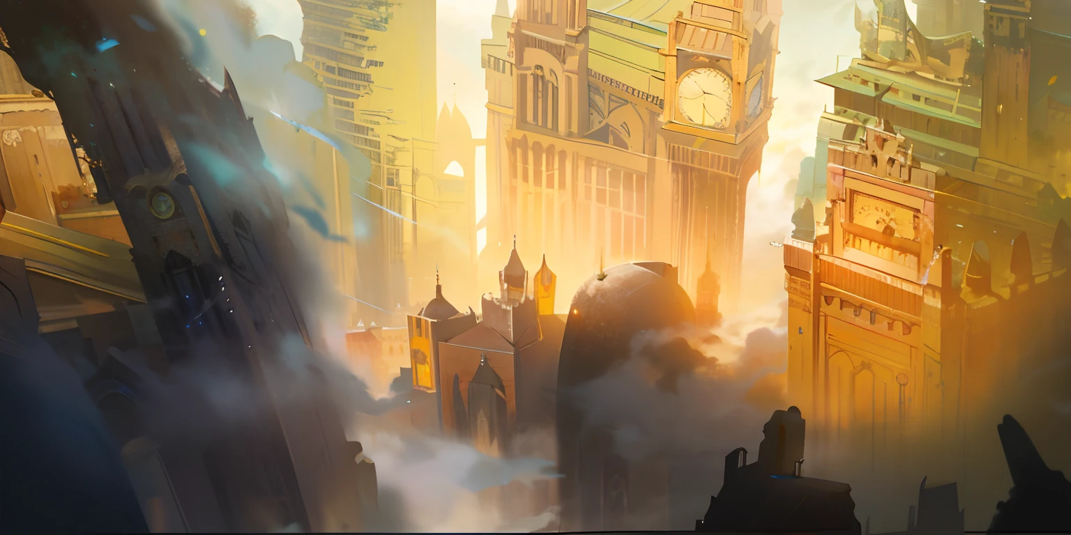 there is a picture of a city with a clock tower in the background, matte painting of steam machines, matte painting comic book art, luminescent matte painting, inspired by Carl Spitzweg, soft focus matte painting, beautiful mattepainting, mattepainting, clouds and corrupted city behind, Illustration matte painting, optimistic matte painting, bladerunner city landscape