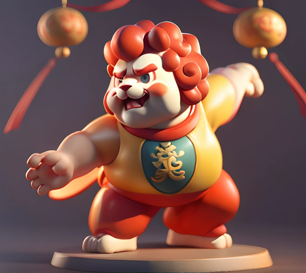 Pot-bellied stone lion mascot,Dry word recognition,Chubby physique,Red bell hanging neck,Red curls+Red eyebrows+Reddens Nose,Wong Fei Hong-style kung fu pose,Chinese mythological style,A symbol of good luck。
