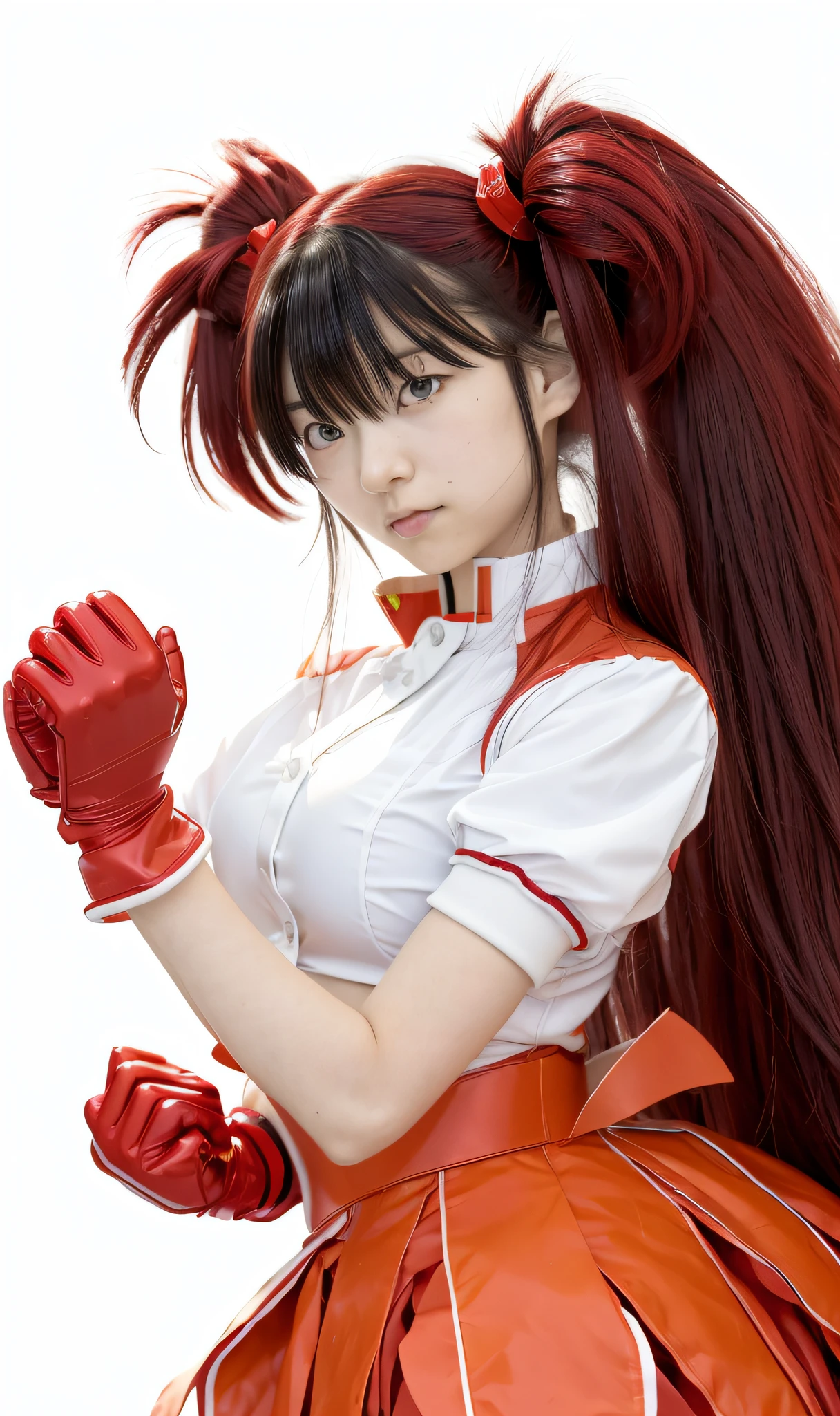 Anime girl with long hair and red gloves and red gloves, inspired by Tsubasa Nakai, twintails white_gloves, Asuka, rumiko, inspired by Rei Kamoi, juri misaki, inspired by Naoko Takeuchi, inspired by Hisui Sugiura, Gainax anime style, Fighting Pose, asuka suit under clothes!