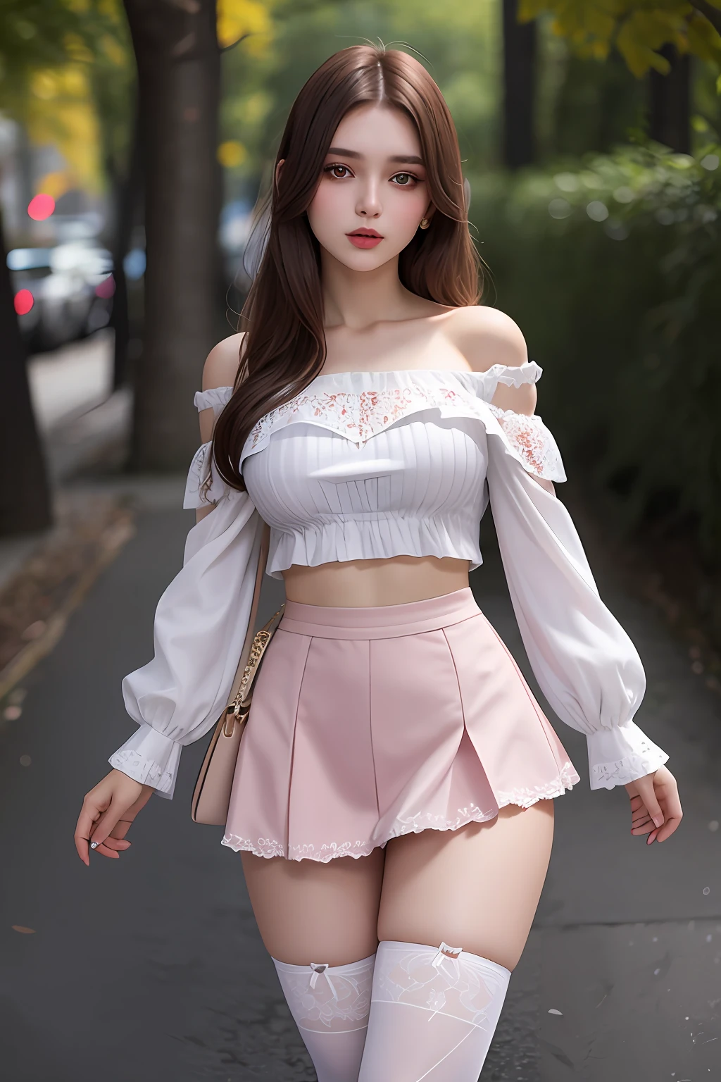 a beautiful 20yo Ukraine woman, off-shoulder lace shirt, high waist short skirt , thighhighs