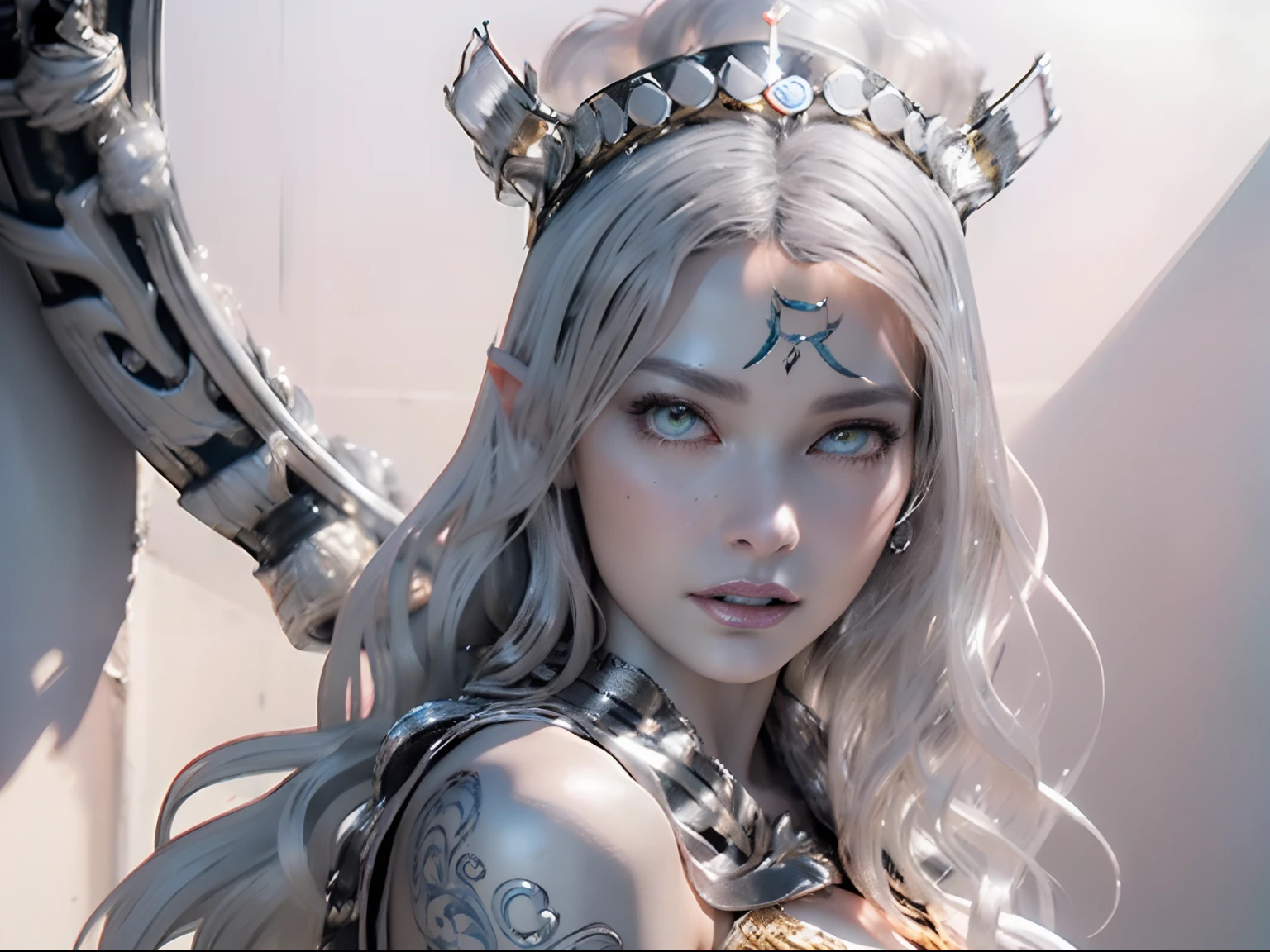Ultra-detailed complex 3D rendering of the face, (masterpiece, top quality, octane rendering,), glamour shots full body image, very beautiful young elves, cleavage, (highly detailed skin: 1.2), (exposure: 1.1), ((blue micro bikini: 1.95)))). , 8k, (((very soft breasts)), (((conspicuous large pink areola)), beautiful Caucasian woman with white skin with full soft breasts with big buttocks, one, long braided hair, big breasts, dynamic angles, (((huge breasts: 2.4)), ultra-realistic photos, ((((((silver hair)))), futuristic urban background, facial muscles, (((((detailed and glamorous silver crown)))), In the style of Marvel Comics, ArtStation Trends, Clear Focus, Intricate Details, Very Detailed, Detailed Green Eyes, Sharp Focus, Digital Rendering, Professional, Abs, Lip Gloss, Glossy Skin, Sexy Pose, Golden Tattoo All Over Body, Silver Pattern All Over Body, Silver Lame Skin, Gold Glitter Skin, Mansuji, Buttocks, Jeweled All Over the Body, with silver scales, silver hair,
