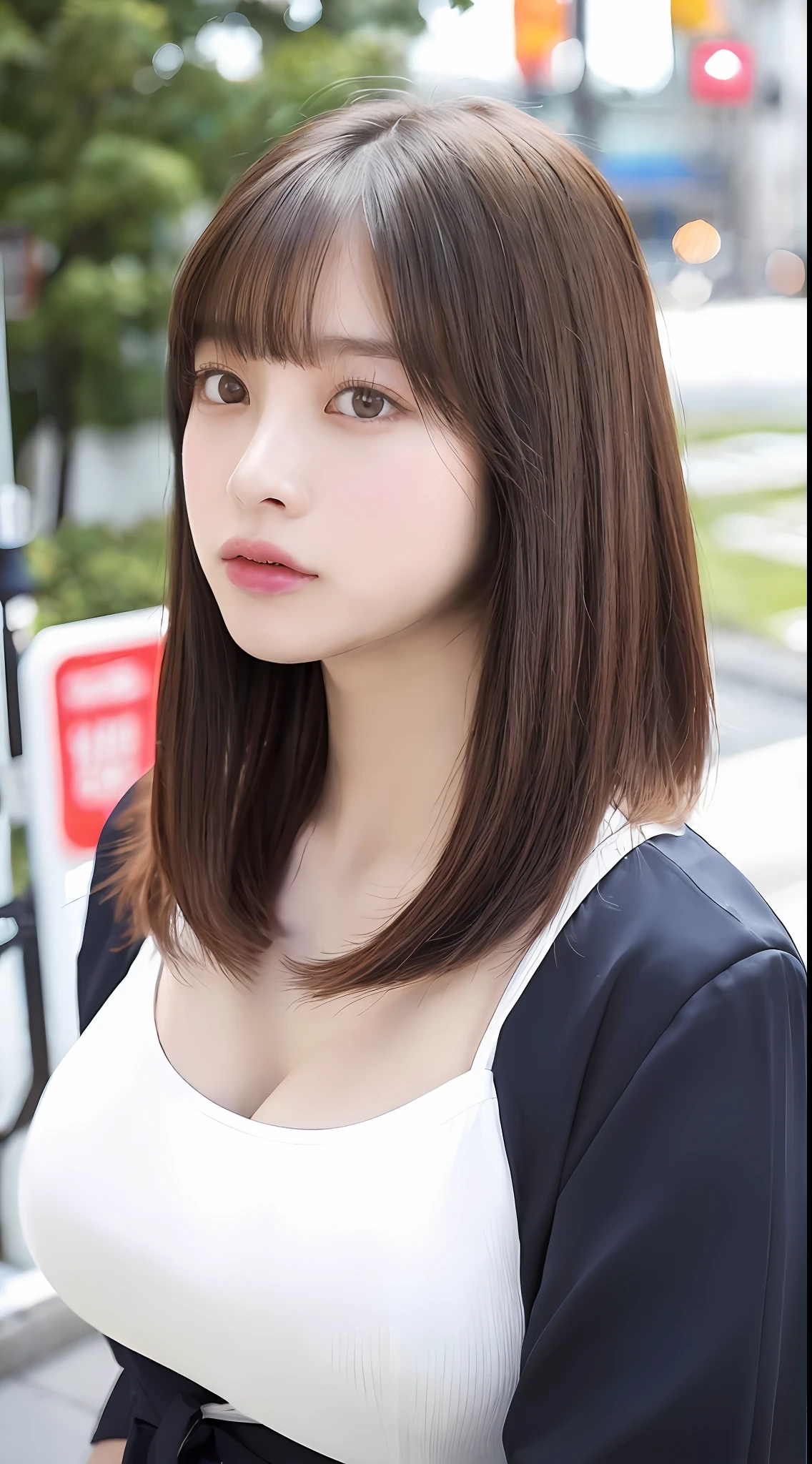 ((top-quality、8K、​masterpiece:1.3))、Detail Women:1.3、(Medium Hair、Colossal tits:1.4)、Clothes that emphasize the chest very much、Clothes with open cleavage、Clothes that expose a lot of skin、ultra -detail、the detail、eyelid、Streets of Tokyo