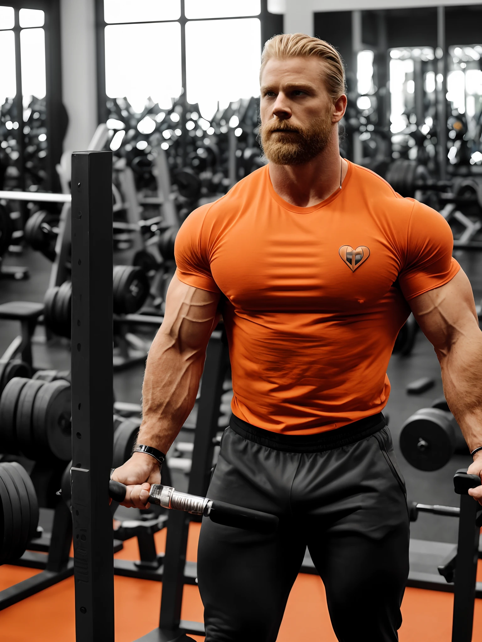Thor-like man is in a bodybuilding gym. He's wearing an orange T-shirt, is facing the cameras. Ambiente escuro com algumas luzes. imagem de alta qualidade. rica em detalhes