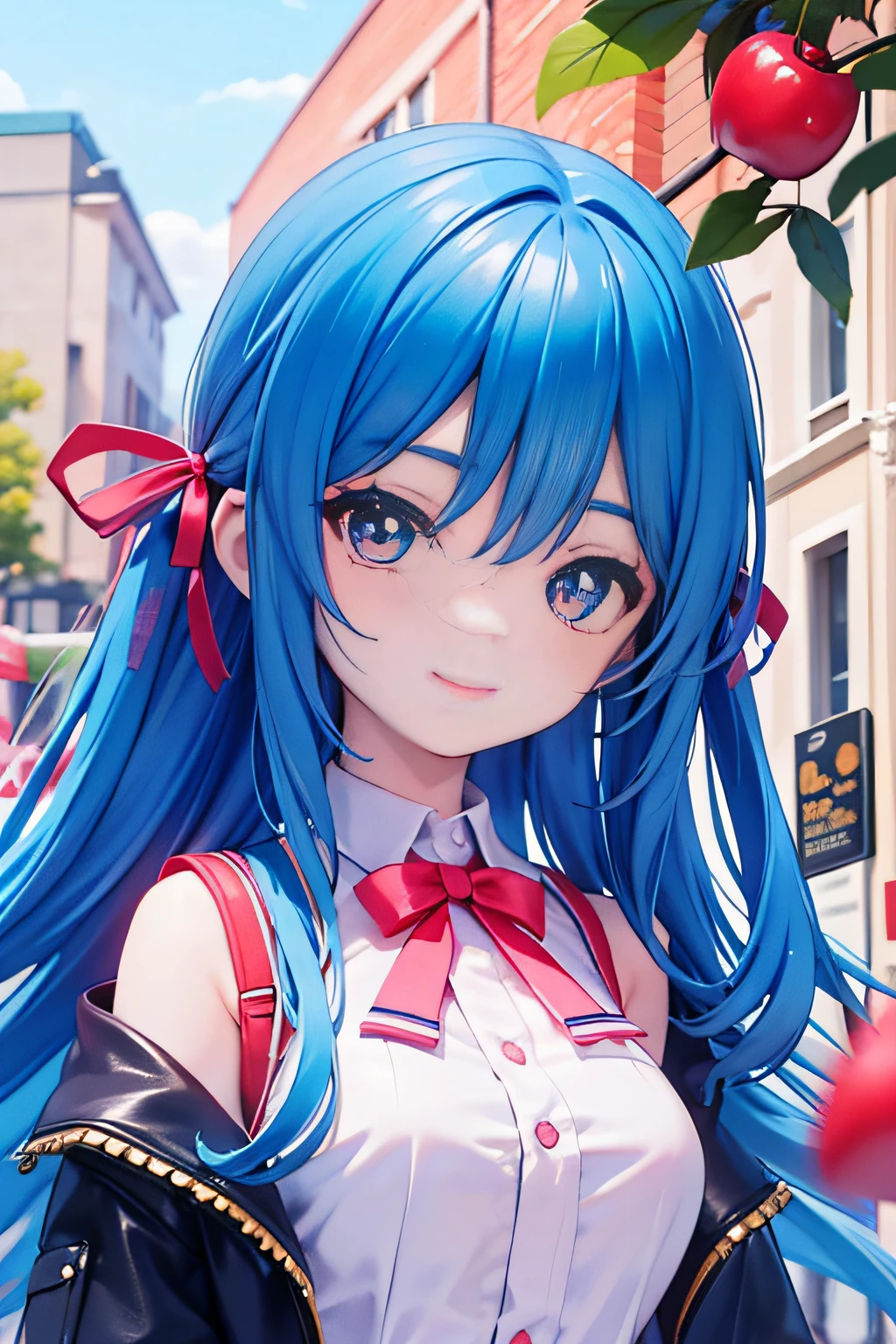 Blue-haired girl 16 years old, big eyes, smile, front bust close-up, blue pupils, pink cherry pattern top, two-dimensional character, strolling through the street scene