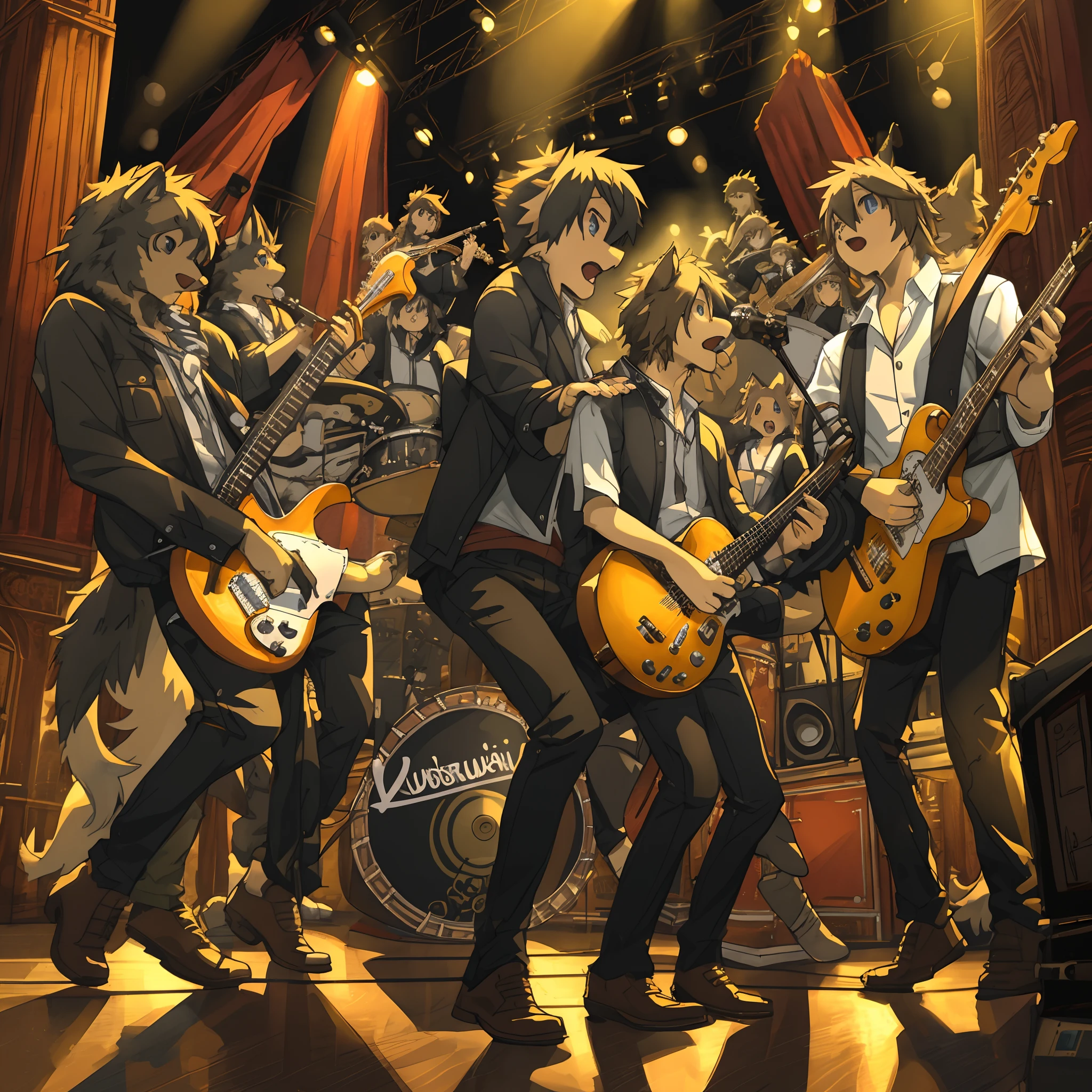 top quality, best quality, High-quality illustrations, masterpiece, super high resolution, detailed background, Rock Band Concerts, Musical instrument performance, Stage Performance, hot air, 6+boys, 6+girls, absurdres(highly detailed beautiful face and eyes)perfect anatomy, expression, good lighting, cinematic shadow(kemono, furry anthro),