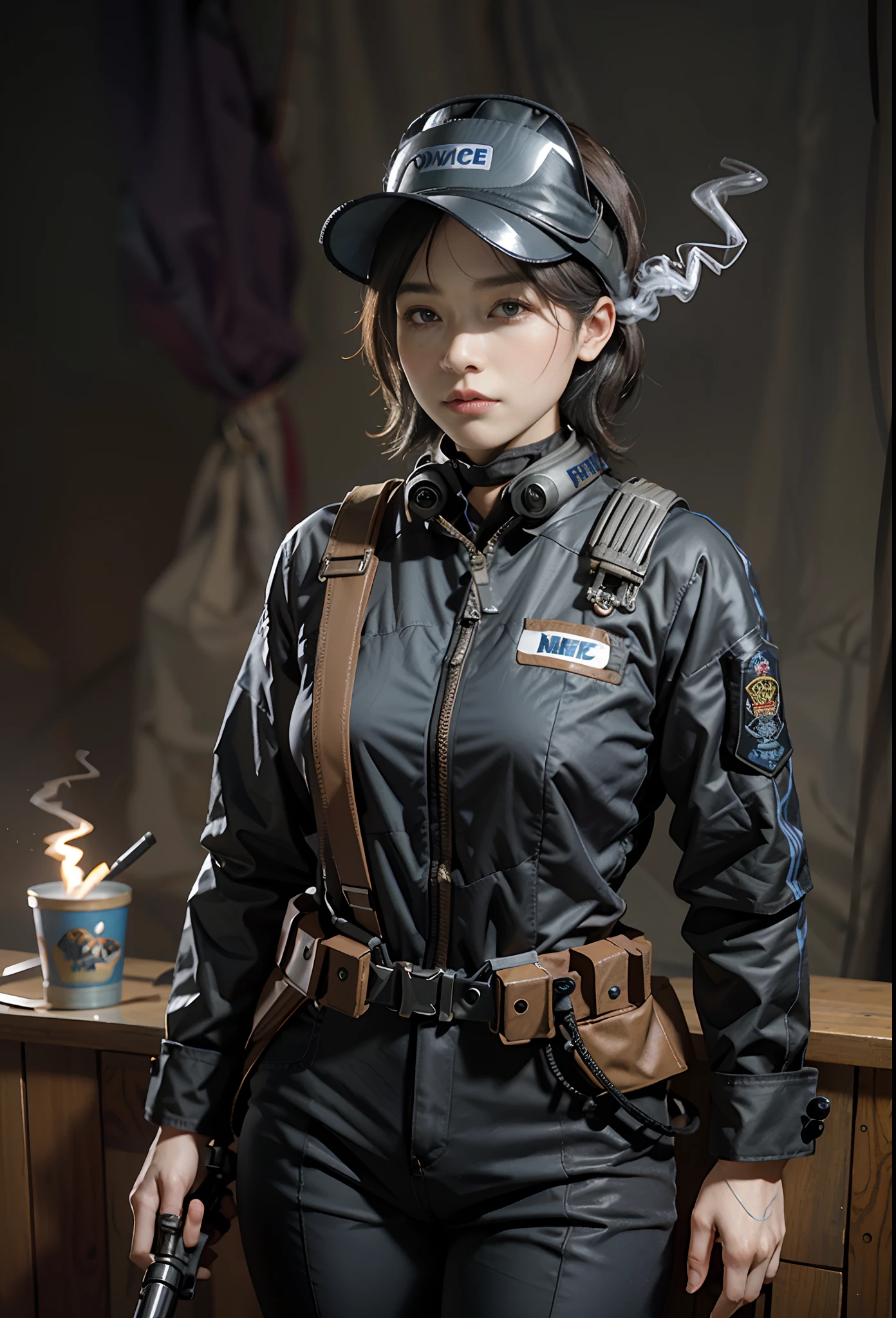 Highest image quality, outstanding details, ultra-high resolution, (realism: 1.4), the best illustration, favor details, highly condensed 1girl, with a delicate and beautiful face, ((cowboy shot)), (wearing racing suit likes police uniform, black and gray mecha, wearing a visor, military harness, holding a machinegun or bring a machinegun, "SST"), peoples sonfusing, fires, smokes,