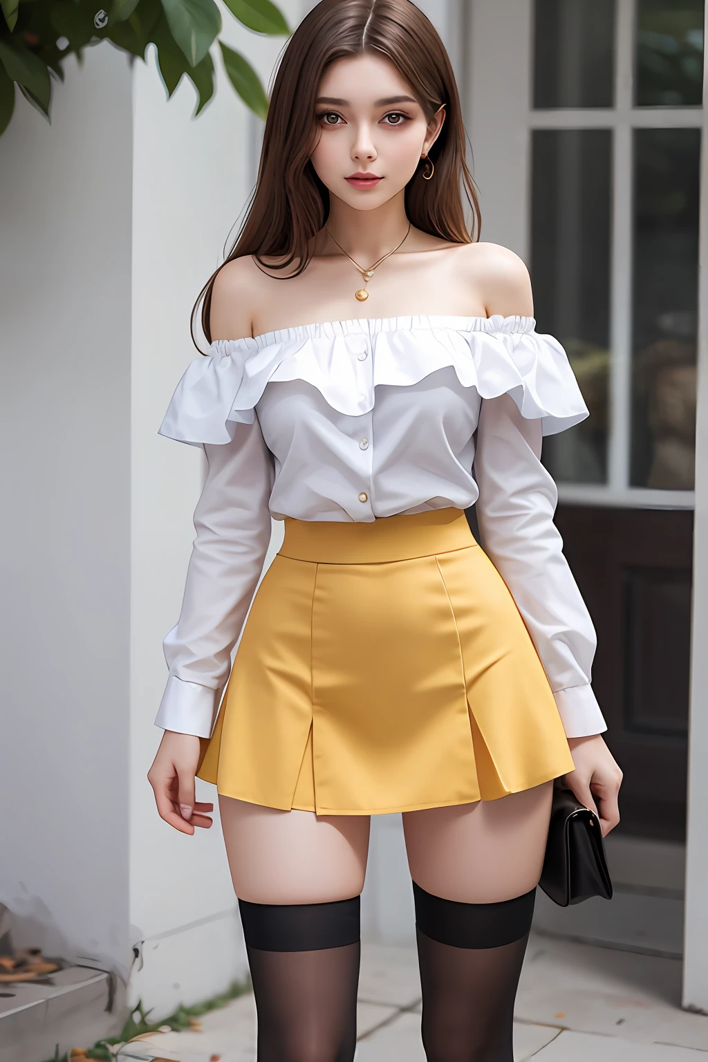 a beautiful 20yo Ukraine woman, off-shoulder shirt, high waist short skirt , thighhighs