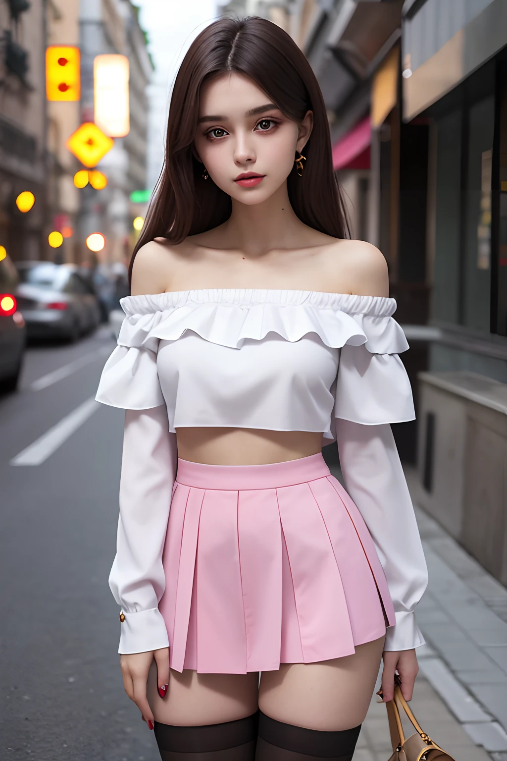 a beautiful 20yo Ukraine woman, off-shoulder shirt, high waist short skirt , thighhighs