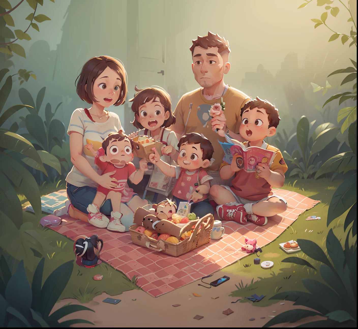family picnic, full body, masterpiece, 3D Rendering, Best Quality, Lots of Detail, (plain background), vinyl toy figurine