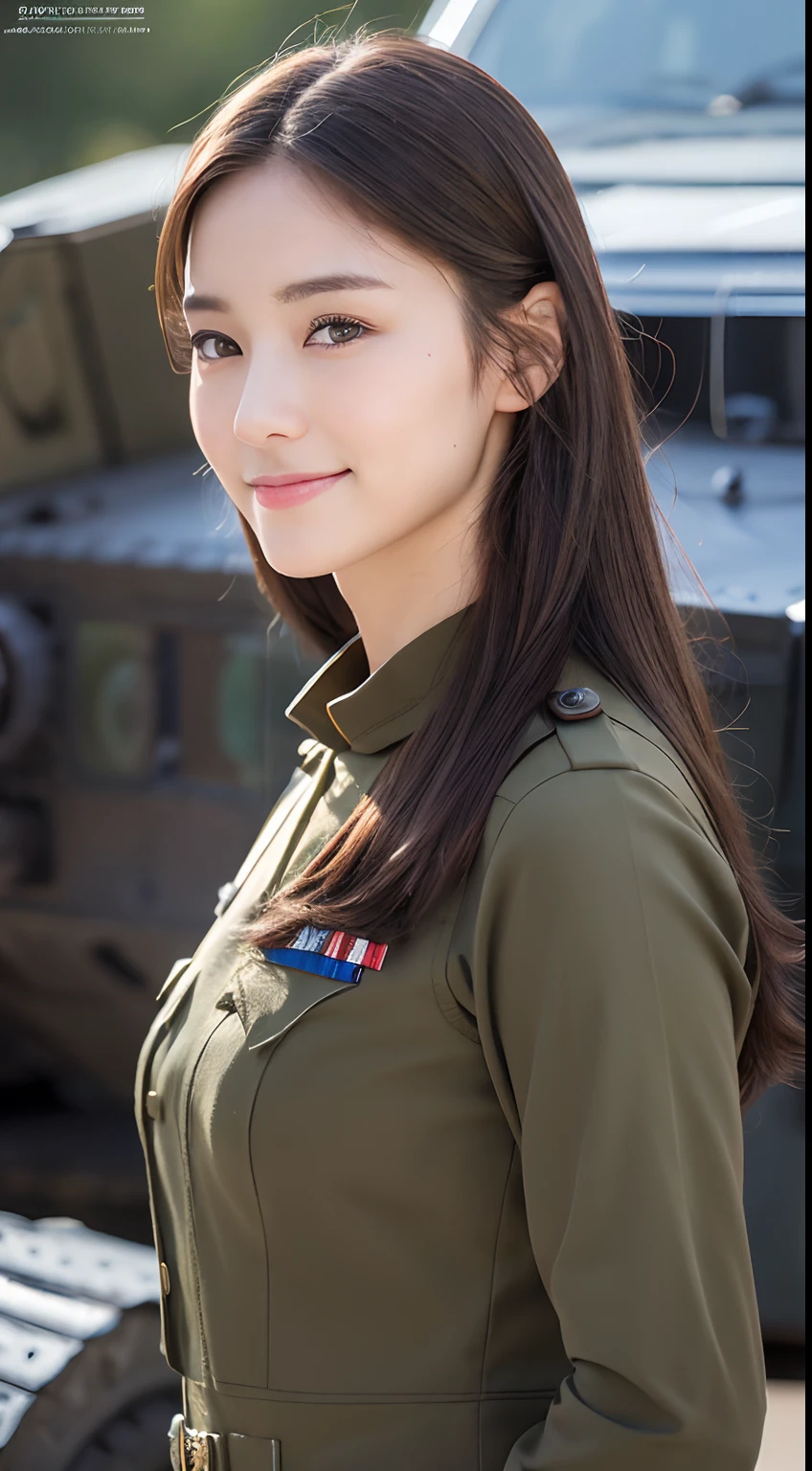 ((Best Quality, 8K, Masterpiece: 1.3)), 1 girl, smile, full body, slim face, pretty woman, (dark brown hair), military uniform: 1.1, super detailed face, detailed eyes, double eyelids, tank, blurred background, slim face, battlefield background, particles, full body,